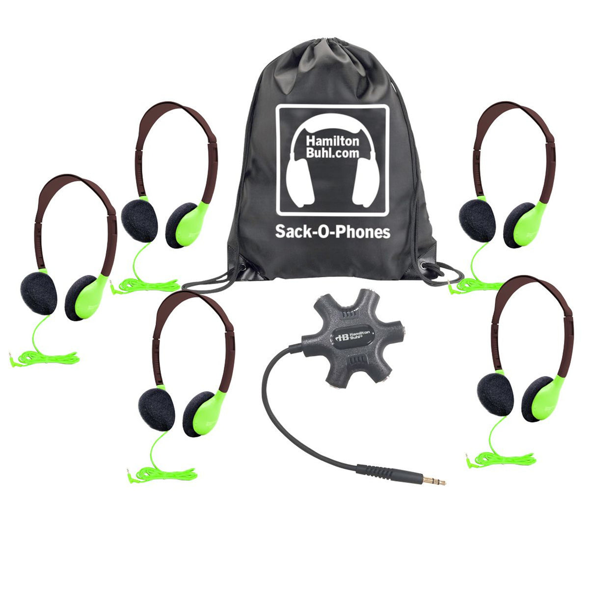 Galaxy Econo-Line Of Sack-O-Phones With 5 Green Personal-Sized Headphones, Starfish Jackbox And Carry Bag