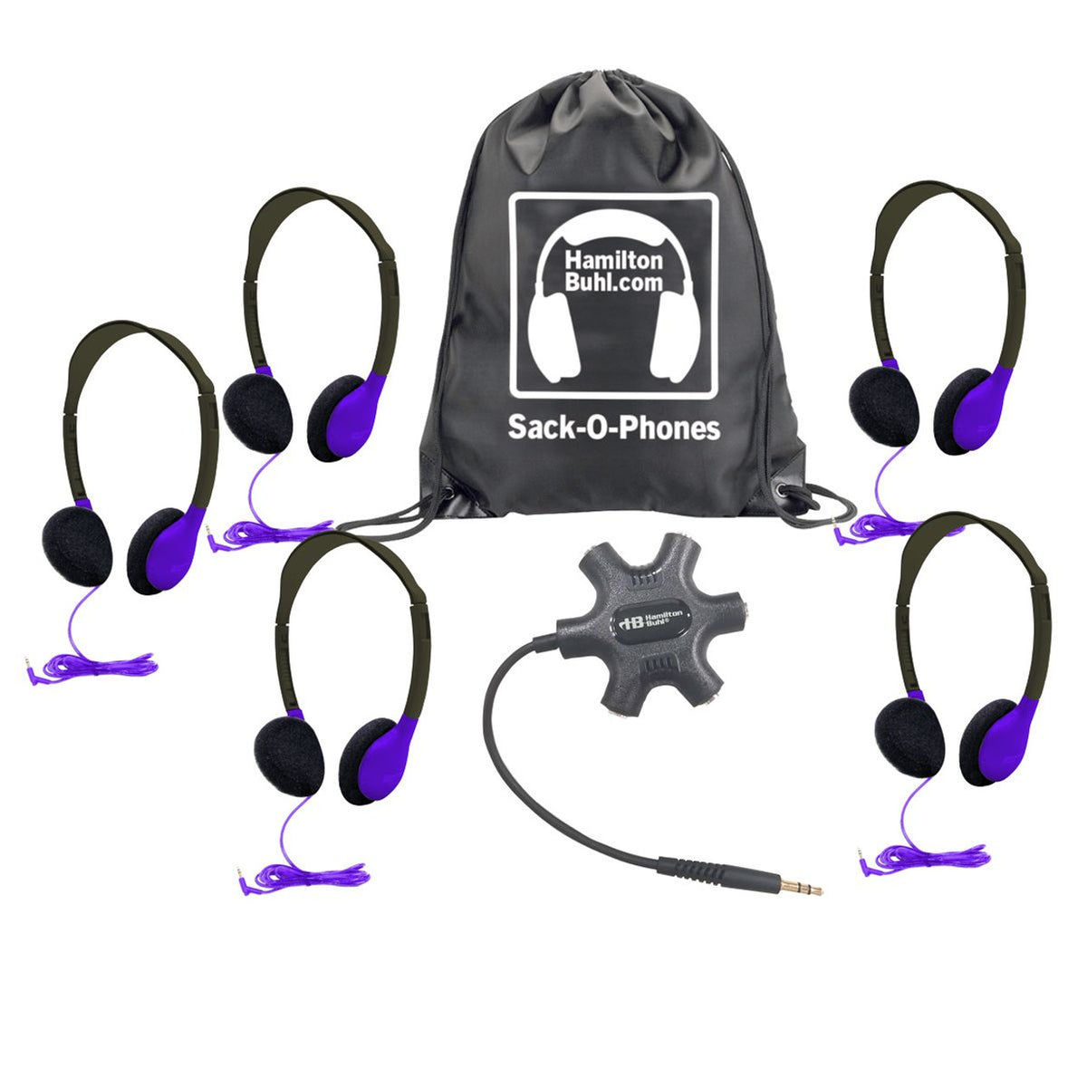 Galaxy Econo-Line Of Sack-O-Phones With 5 Purple Personal-Sized Headphones, Starfish Jackbox And Carry Bag
