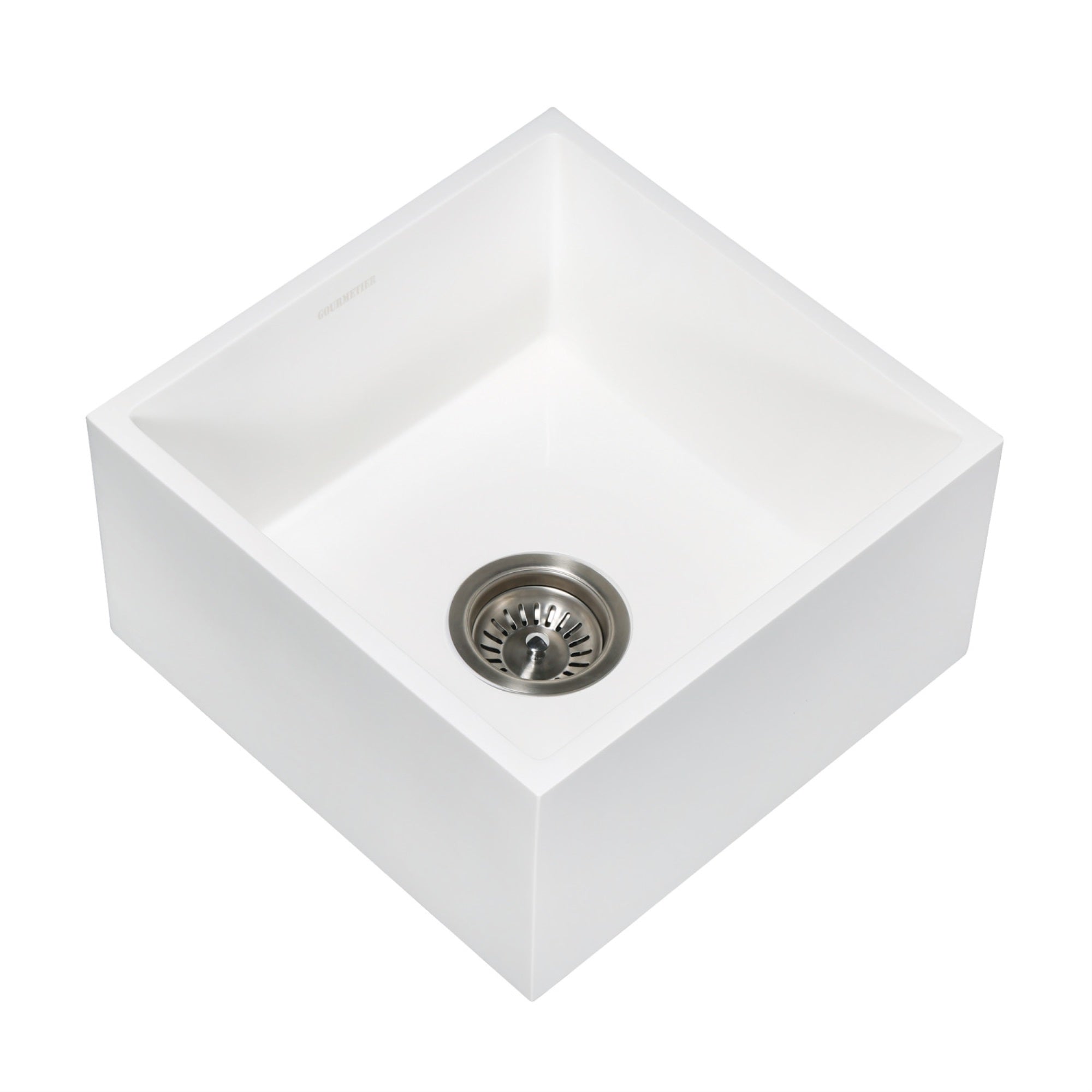 Gourmetier Gkusa15158 Arcticstone Solid Surface Undermount 15 Square Single Bowl Bar Sink With Drain, Matte White