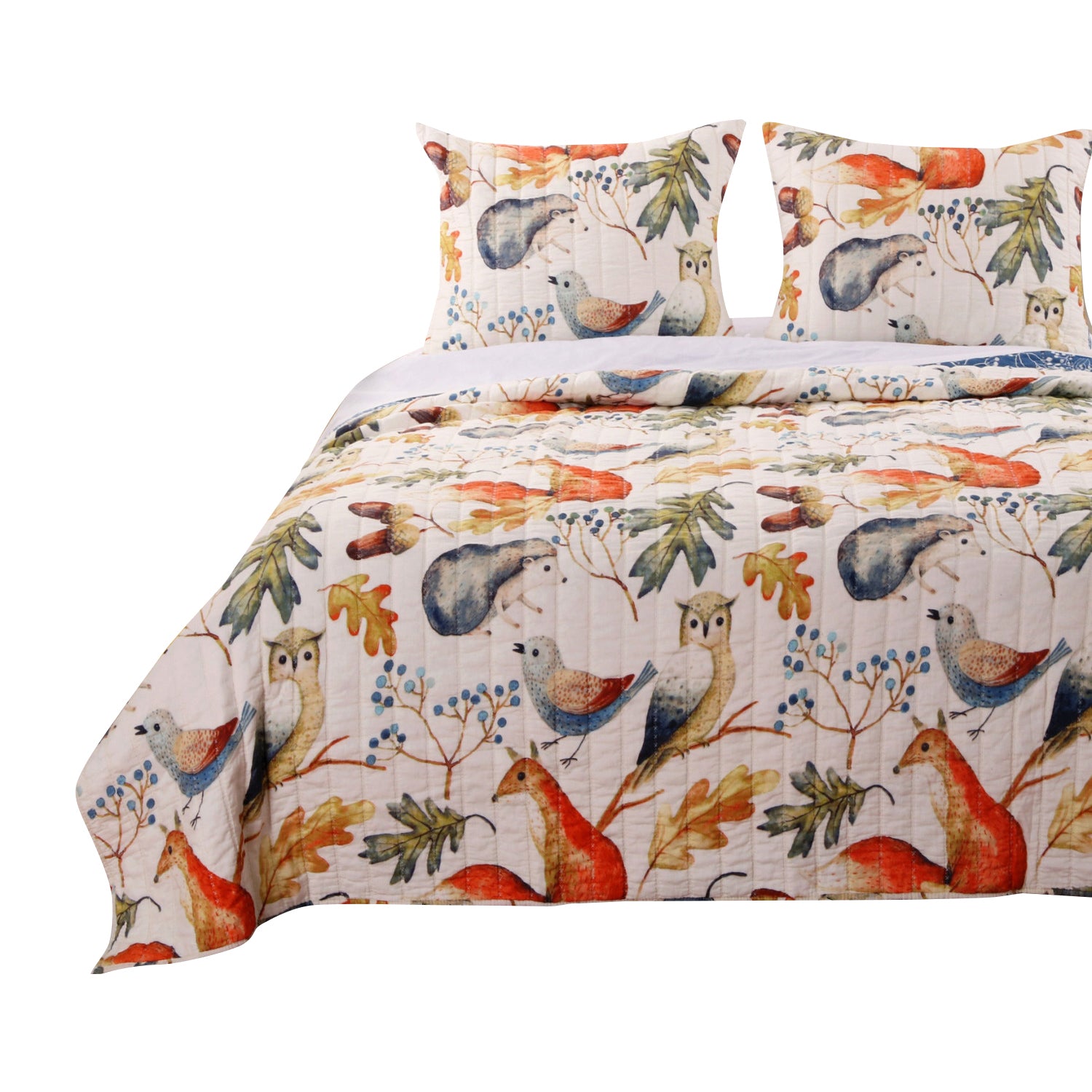 Nature Inspired Full and Queen Size Cotton and Polyester Quilt Set, Multicolor, Set of Three