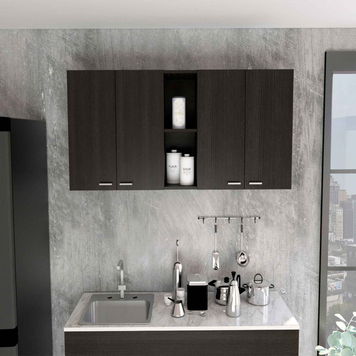 Tuhome Portofino 150 Wall Cabinet,  Double Two-Door Cabinet, Racks, Two External Shelves, Two Internal Shelves, Black, For Kitch