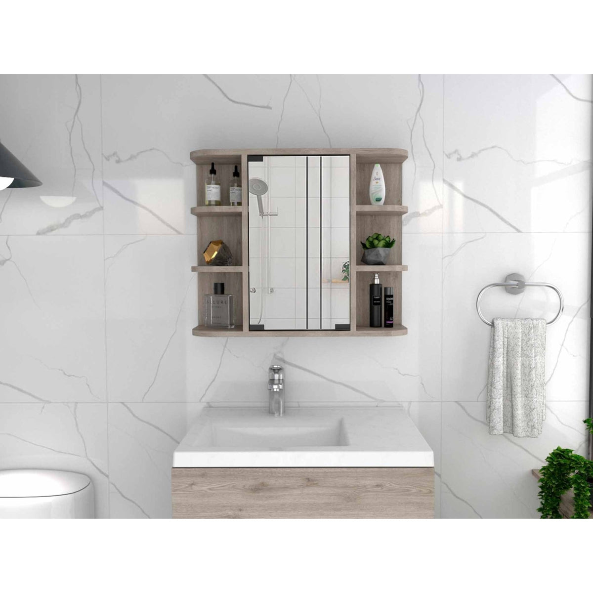 Tuhome Milan Medicine Cabinet, Six External Shelves Mirror, Three Internal Shelves, Light Grey, For Bathroom
