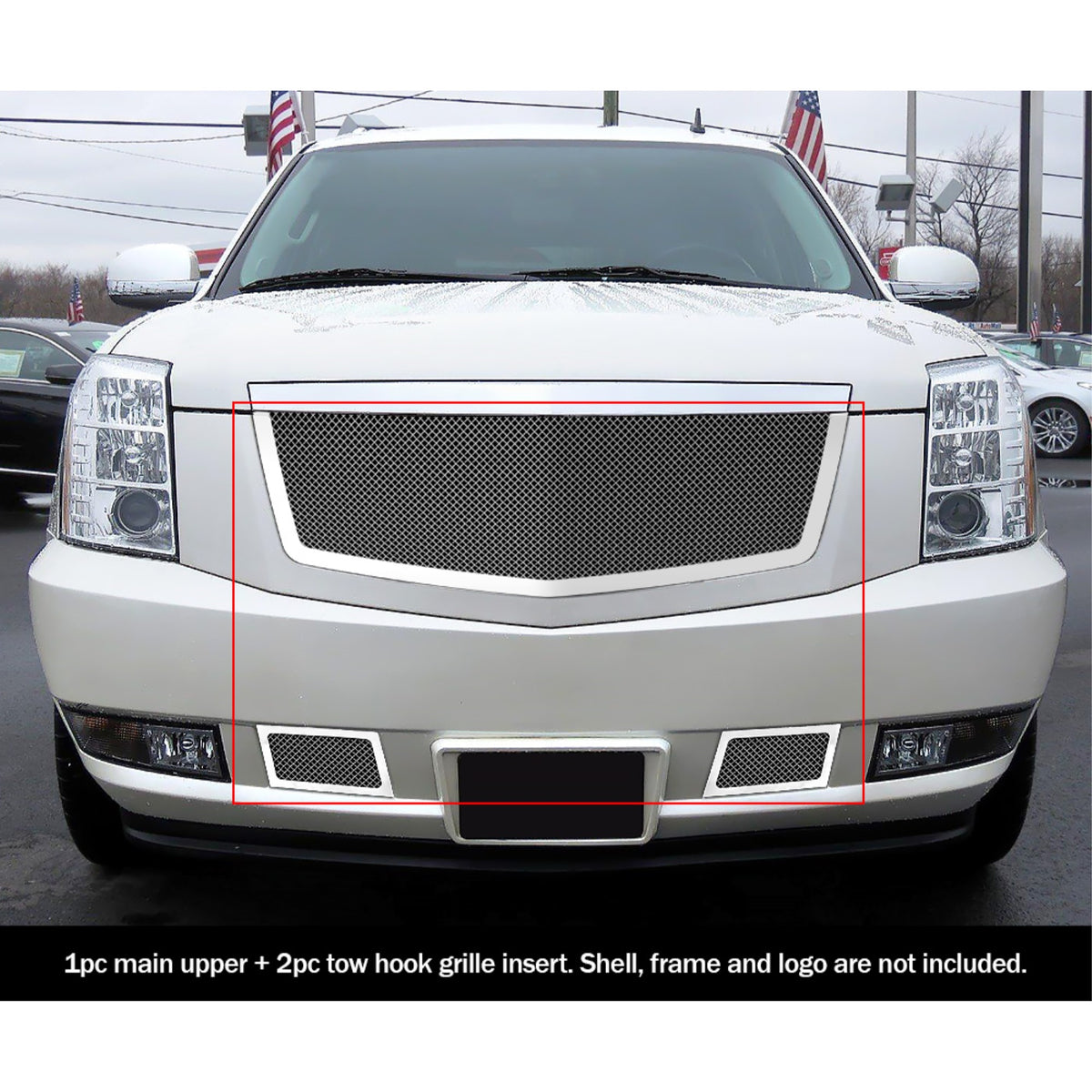 2007-2014 Cadillac Escalade Not Fit Esv And Platinum And Hybrid Models Without Tow Hook Stainless Steel Polished Finish 1.8 Mm Wire Mesh Mesh Grille