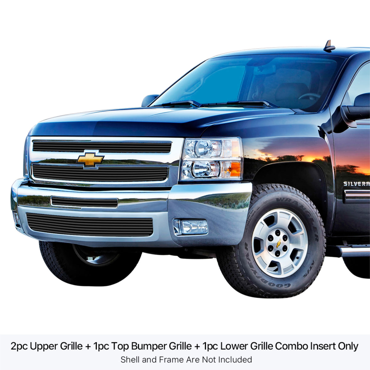 2007-2013 Chevy Silverado 1500 Only For Models With Logo Height Exceeding Center Bar Stainless Steel Black Powder Coated Finish 8X6 Horizontal Billet Black Stainless Steel Billet Grille
