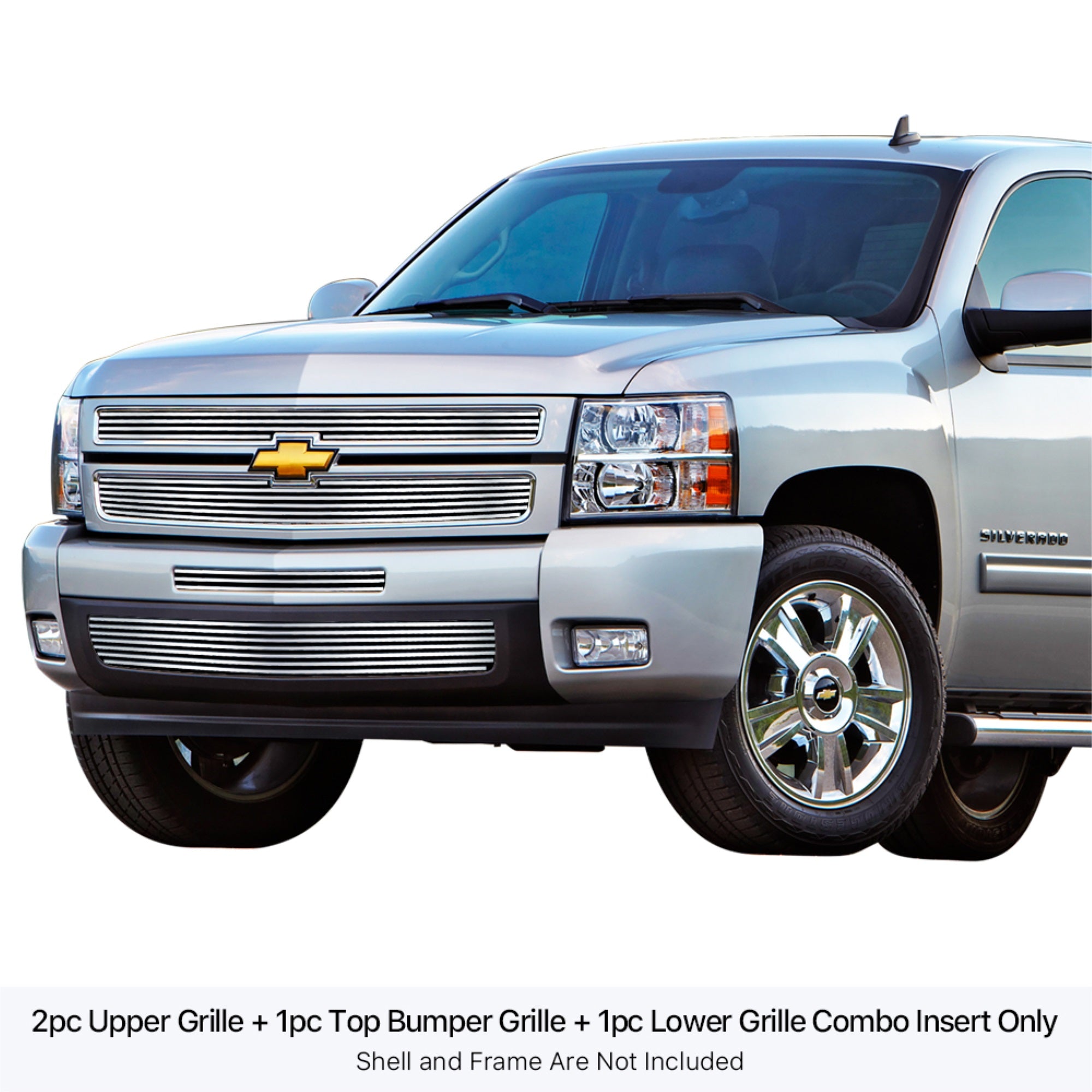 2007-2013 Chevy Silverado 1500 Only For Models With Logo Height Exceeding Center Bar 304 Stainless Steel Polished Finish 8X6 Horizontal Billet Stainless Steel Billet Grille