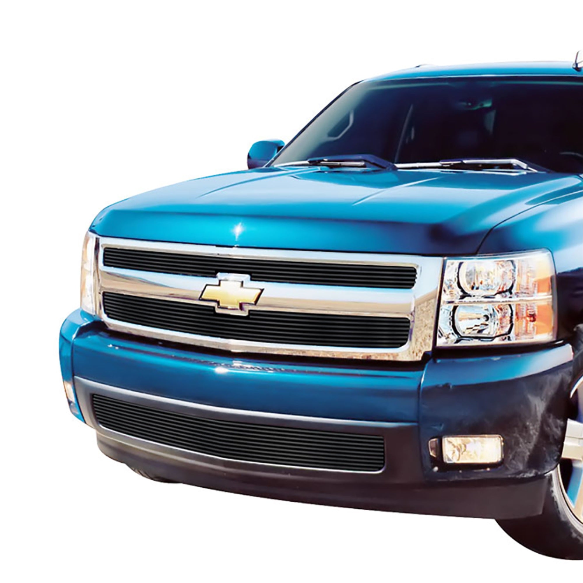 2007-2013 Chevy Silverado 1500 Only For Models With Logo Height Exceeding Center Bar Stainless Steel Black Powder Coated Finish Horizontal Billet Black Stainless Steel Billet Grille