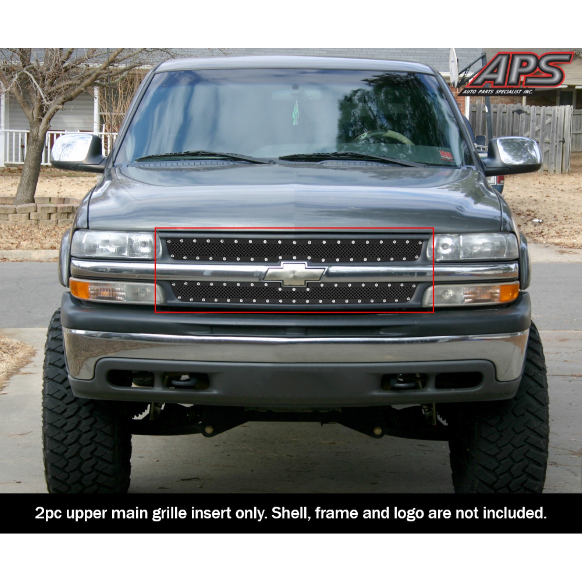 1999-2002 Chevy Silverado 1500/1500 HD/2500 /2000-2006 Chevy Suburban /2000-2006 Chevy Tahoe /1999-2000 Chevy Silverado 2500 HD/3500 STAINLESS STEEL BLACK POWDER COATED Finish 1.8 MM WIRE MESH RIVET STYLE Rivet Grille