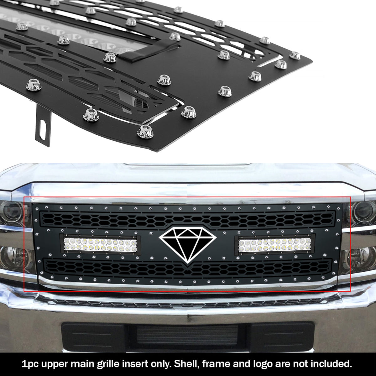 2015-2019 Chevy Silverado 2500 Hd /2015-2019 Chevy Silverado 3500 Hd Stainless Steel Black Powder Coated Finish Laser Cut Mesh With 2 X 12' Led Sheet Grille