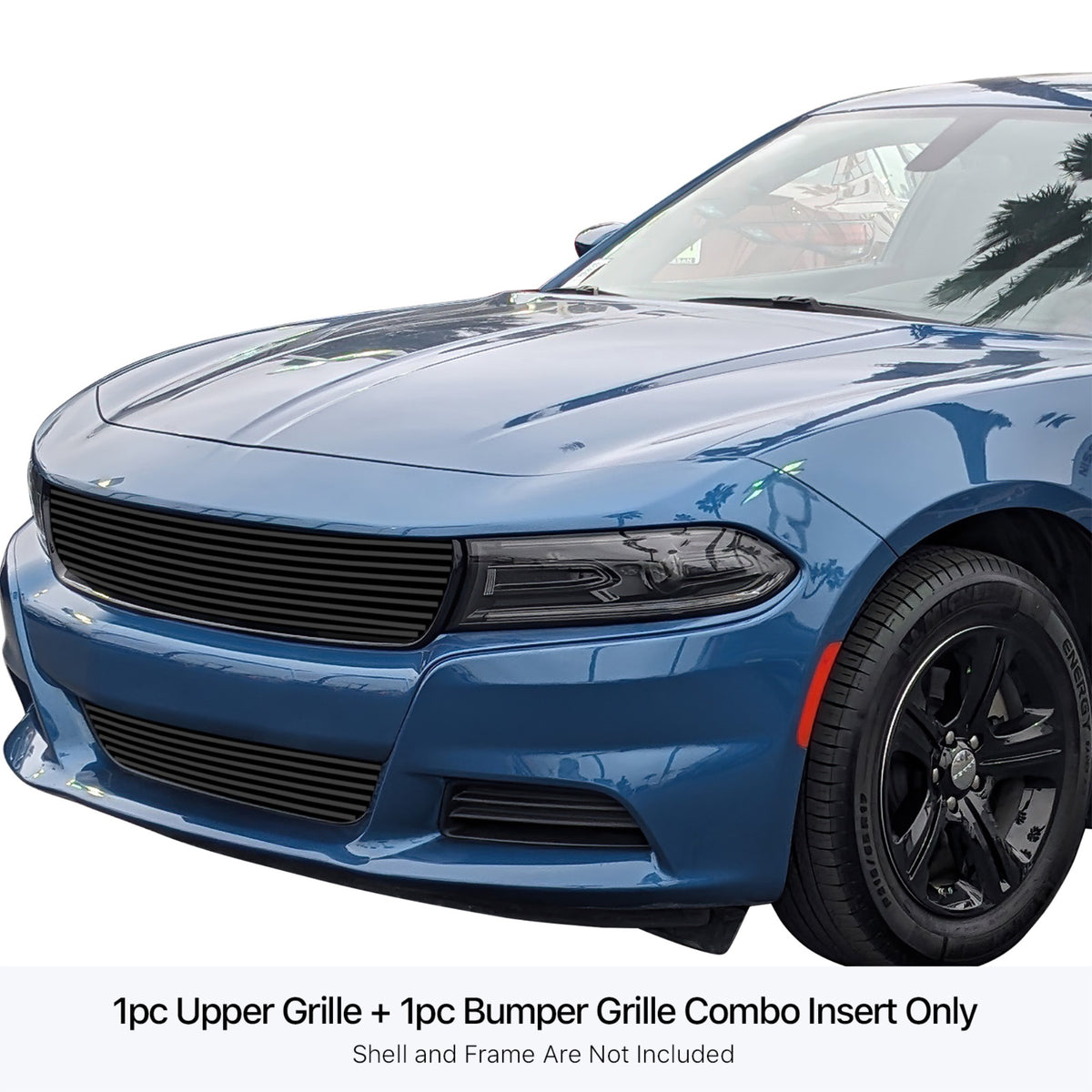 Stainless Steel Main Upper + Lower Bumper Black Stainless Steel Billet Grille 2015-2018 Dodge Charger Without Adaptive Cruise Control