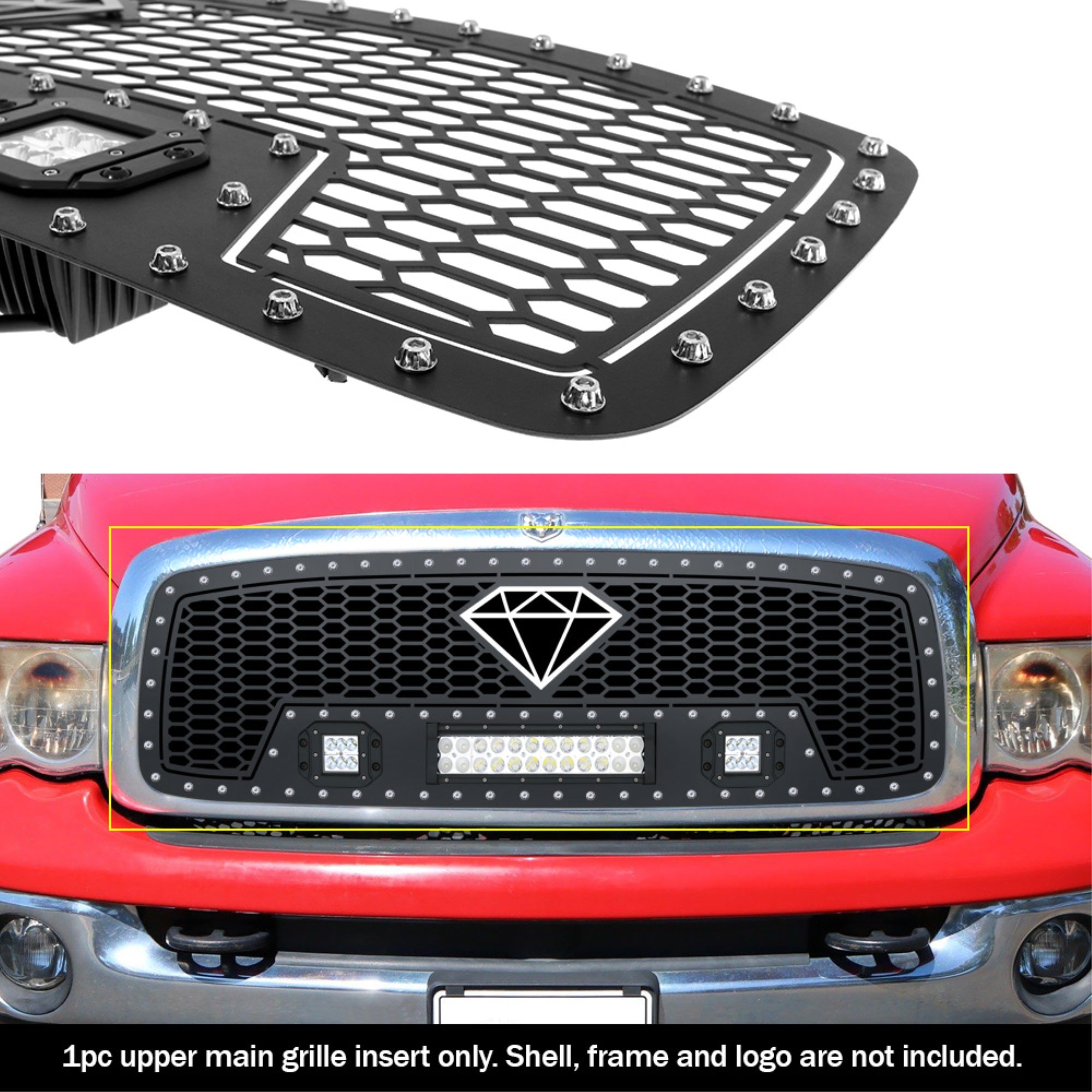 2002-2005 Dodge Ram 1500 /2002-2005 Dodge Ram 2500 /2002-2005 Dodge Ram 3500 Stainless Steel Black Powder Coated Finish Laser Cut Mesh With 12' + 2 X 3' Led Sheet Grille