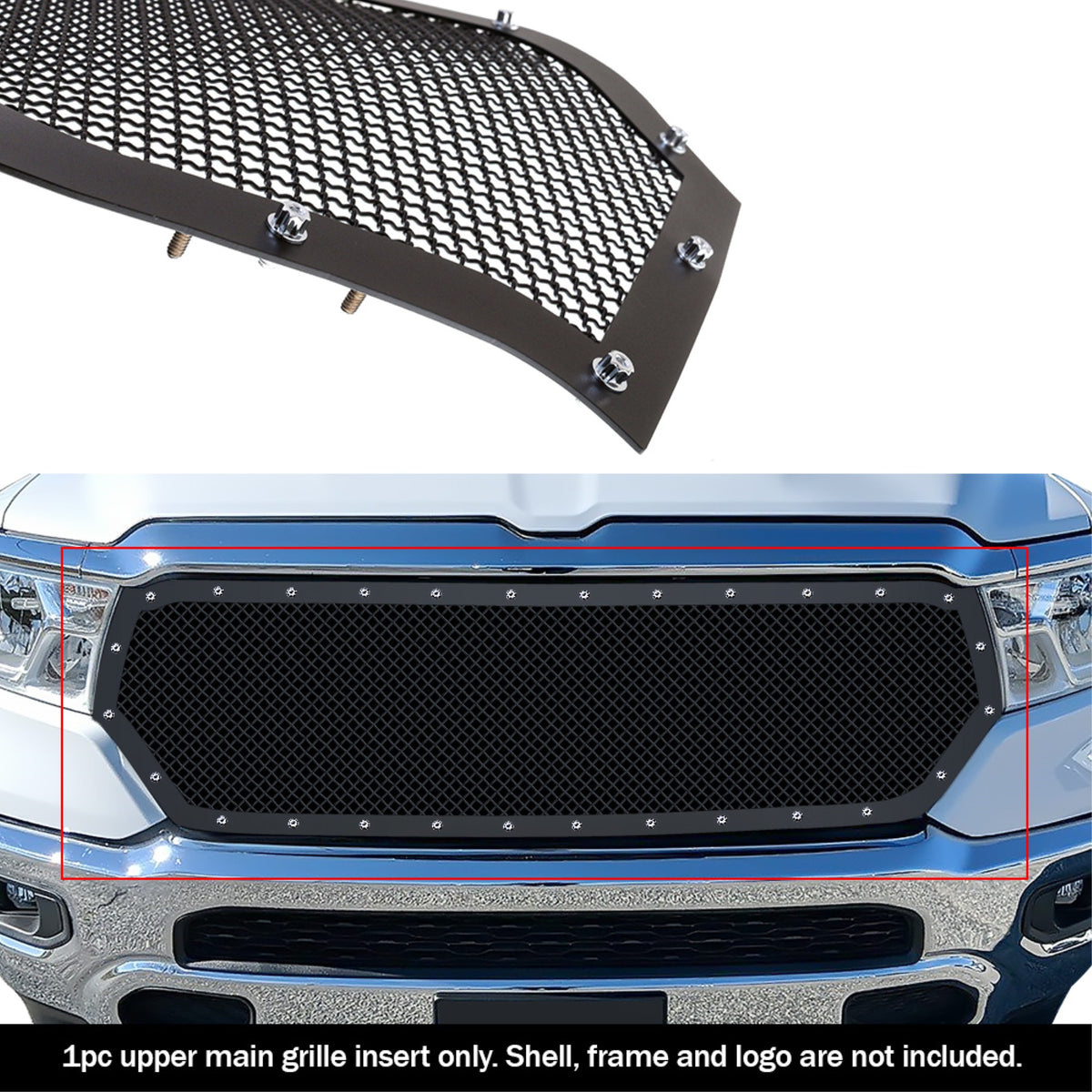 2019-2021 Ram 1500 Laramie/Lone Star/Big Horn/Tradesman  (Excl. 19-21 Ram 1500 Classic, Excl. Laramie Limited) Stainless Steel Black Powder Coated Finish 1.8 Mm Wire Mesh Rivet Style Rivet Grille
