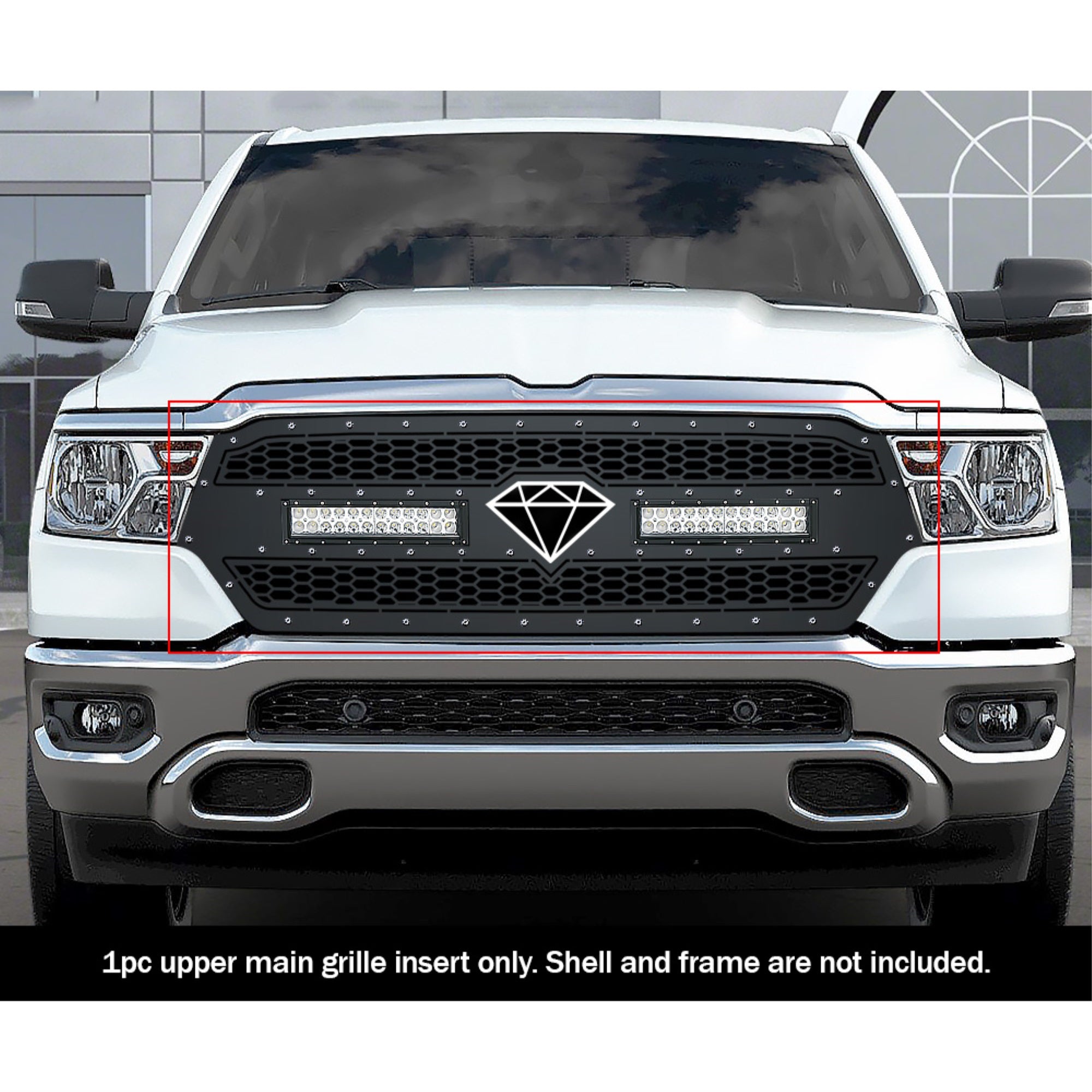 2019-2022 Ram 1500 Laramie/Lone Star/Big Horn/Tradesman (Excl. 19-21 Ram 1500 Classic, Excl. Laramie Limited) Stainless Steel Black Powder Coated Finish Laser Cut Mesh With 2 X 12' Led Sheet Grille