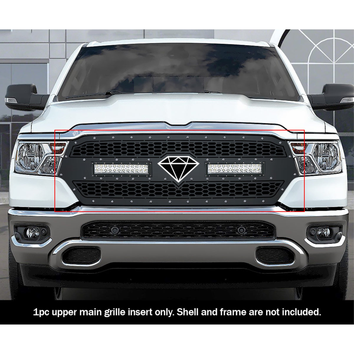 2019-2022 Ram 1500 Laramie/Lone Star/Big Horn/Tradesman (Excl. 19-21 Ram 1500 Classic, Excl. Laramie Limited) Stainless Steel Black Powder Coated Finish Laser Cut Mesh With 2 X 12' Led Sheet Grille