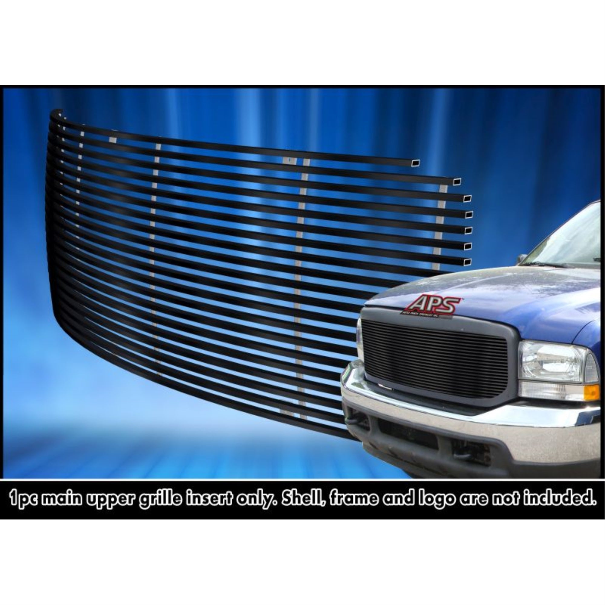 2000-2004 Ford Excursion 1 Pc Cover 3 Holes Stainless Steel Black Powder Coated Finish Horizontal Billet Black Stainless Steel Billet Grille