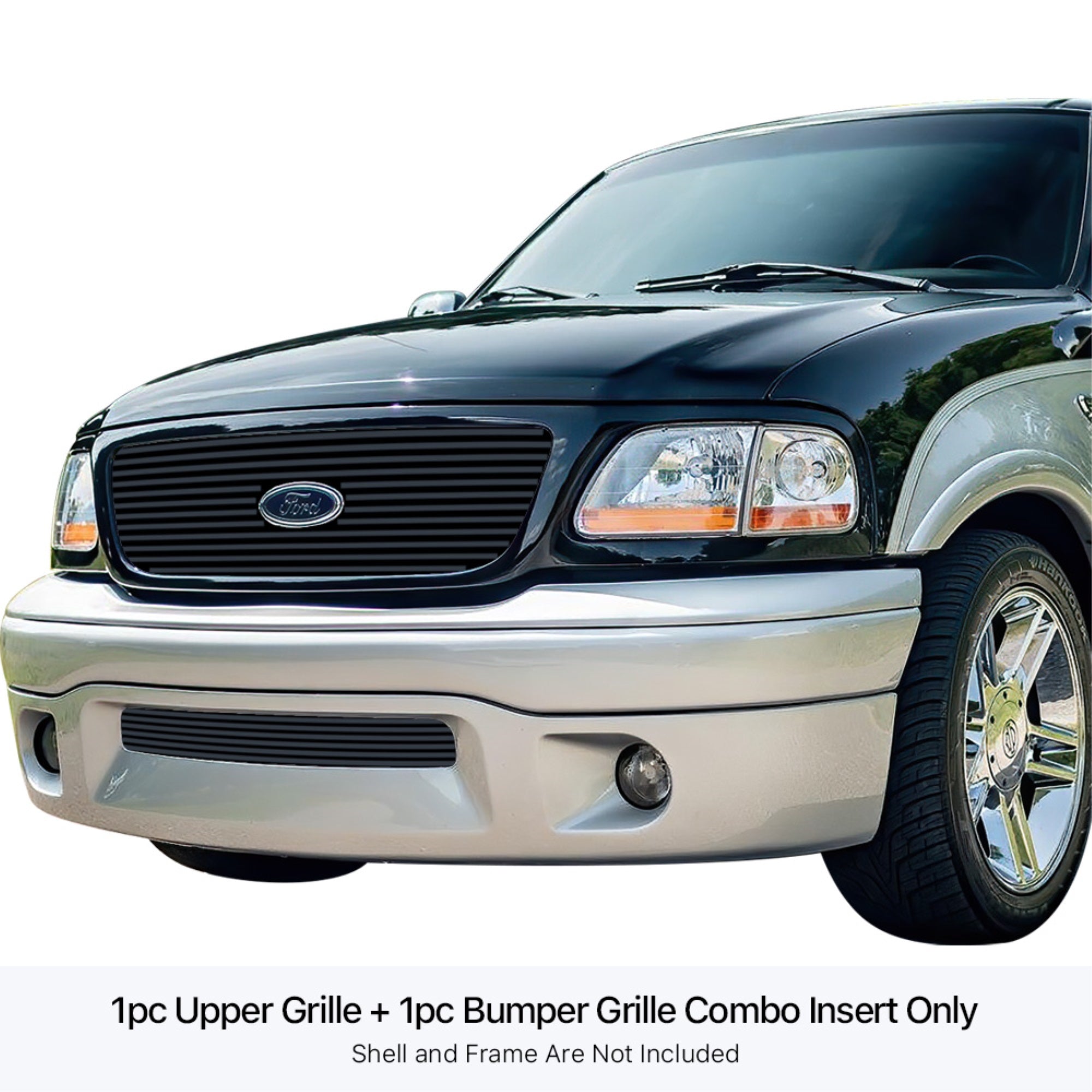 Stainless Steel Main Upper + Lower Bumper Black Stainless Steel Billet Grille 2001-2003 Ford F-150 Harley Davidson