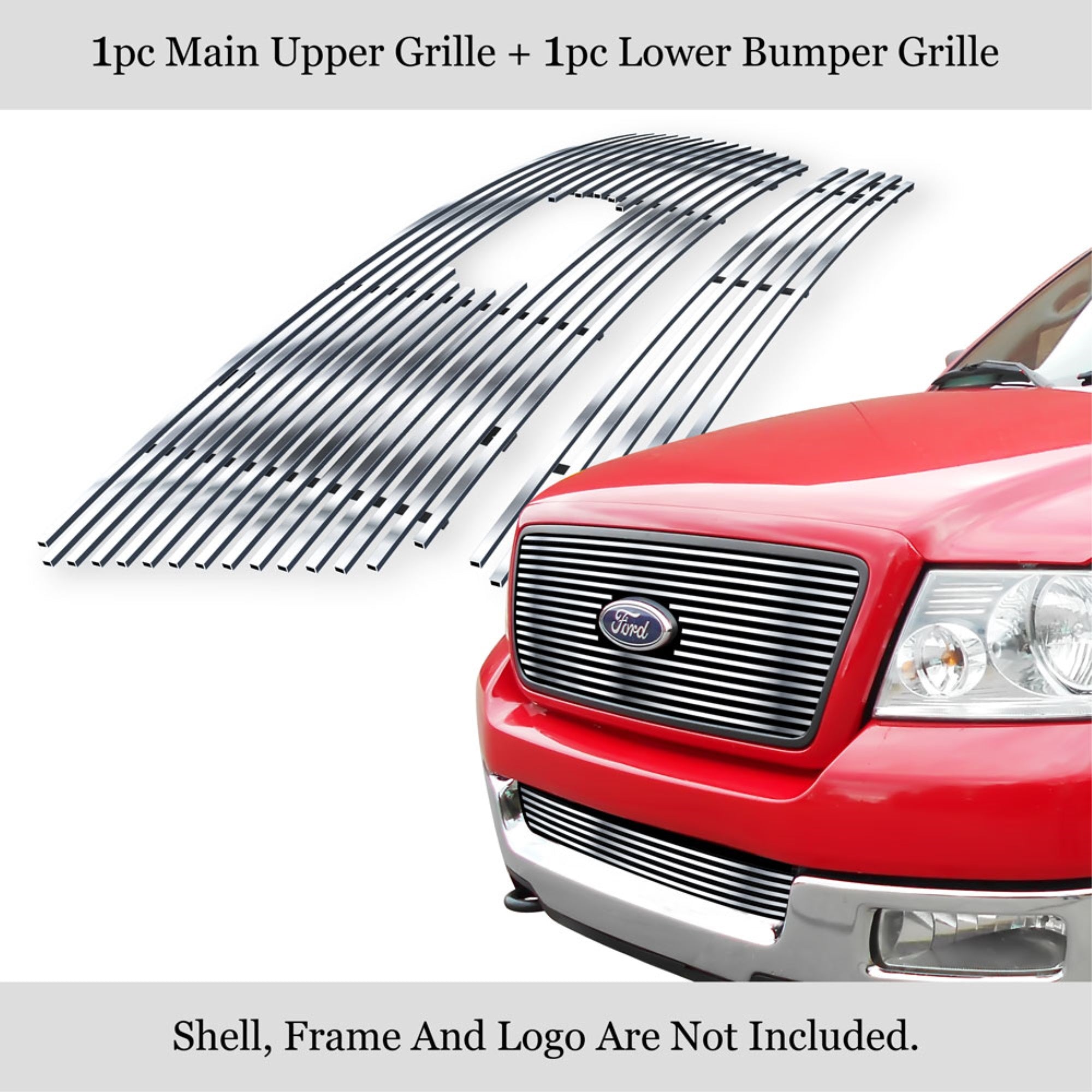 2004-2005 Ford F-150 (With Oe Honeycomb Style Grille, Not For Bar Style) 304 Stainless Steel Polished Finish 8X6 Horizontal Billet Stainless Steel Billet Grille