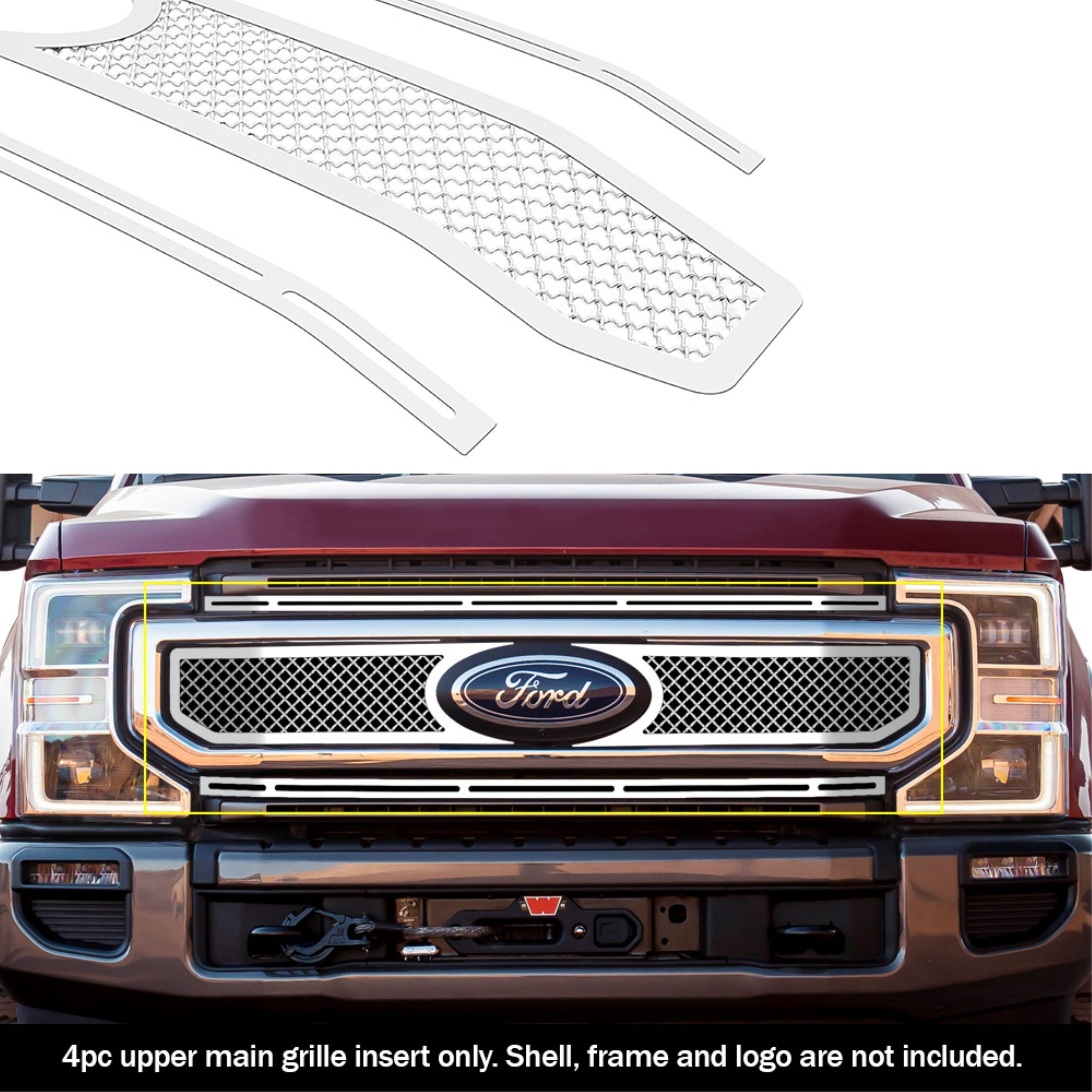 2020-2022 Ford F-250 King Ranch/ 2020-2022 Ford F-250 Platinum/ 2020-2022 Ford F-350 King Ranch/ 2020-2022 Ford F-350 Platinum Stainless Steel Chrome Finish 2.5Mm Wire Mesh Mesh Grille