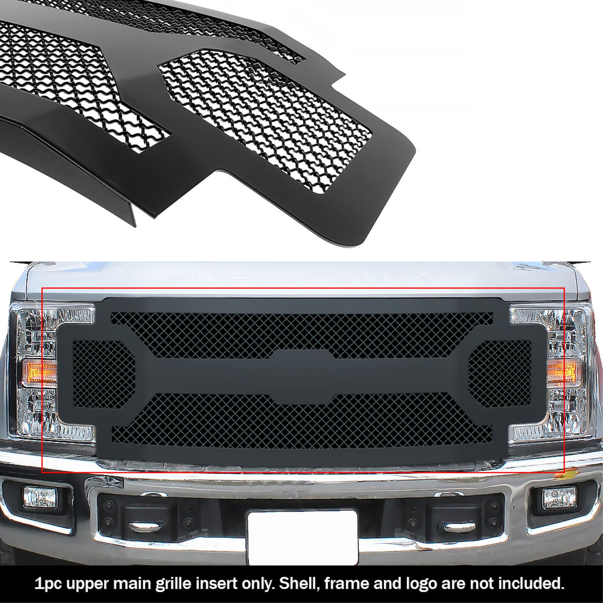 2017-2019 Ford F-250 Without Front Camera/2017-2019 Ford F-350 Without Front Camera/2017-2019 Ford F-450 Without Front Camera/2017-2019 Ford F-550 Without Front Camera Stainless Steel Black Powder Coated Finish 2.5 Mm Wire Mesh Black Wire Mesh Grille
