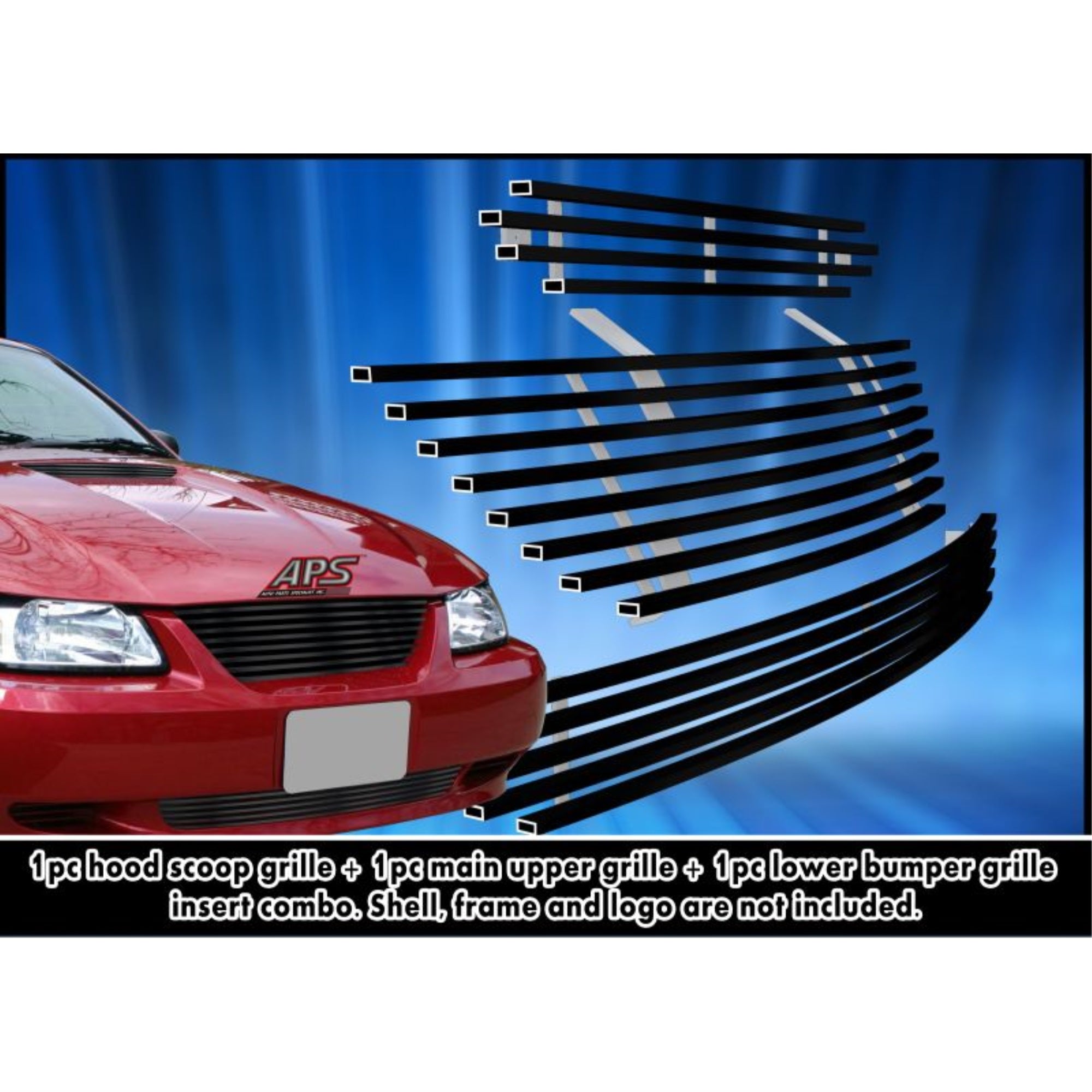 1999-2004 Ford Mustang Only Fit V6 Model Stainless Steel Black Powder Coated Finish 8X6 Horizontal Billet Black Stainless Steel Billet Grille