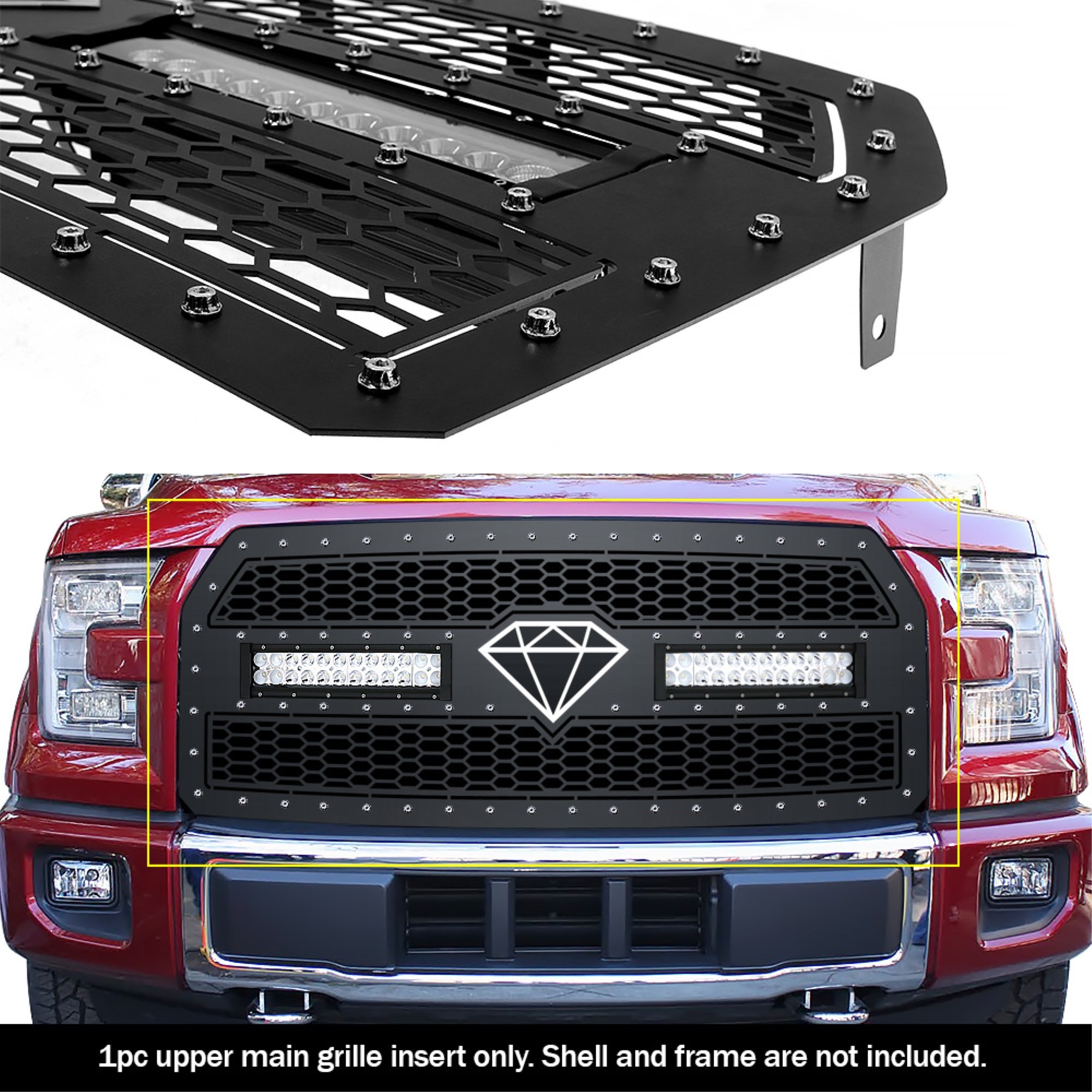 2015-2017 Ford F-150 Stainless Steel Black Powder Coated Finish Laser Cut Mesh With 2 X 12' Led Sheet Grille