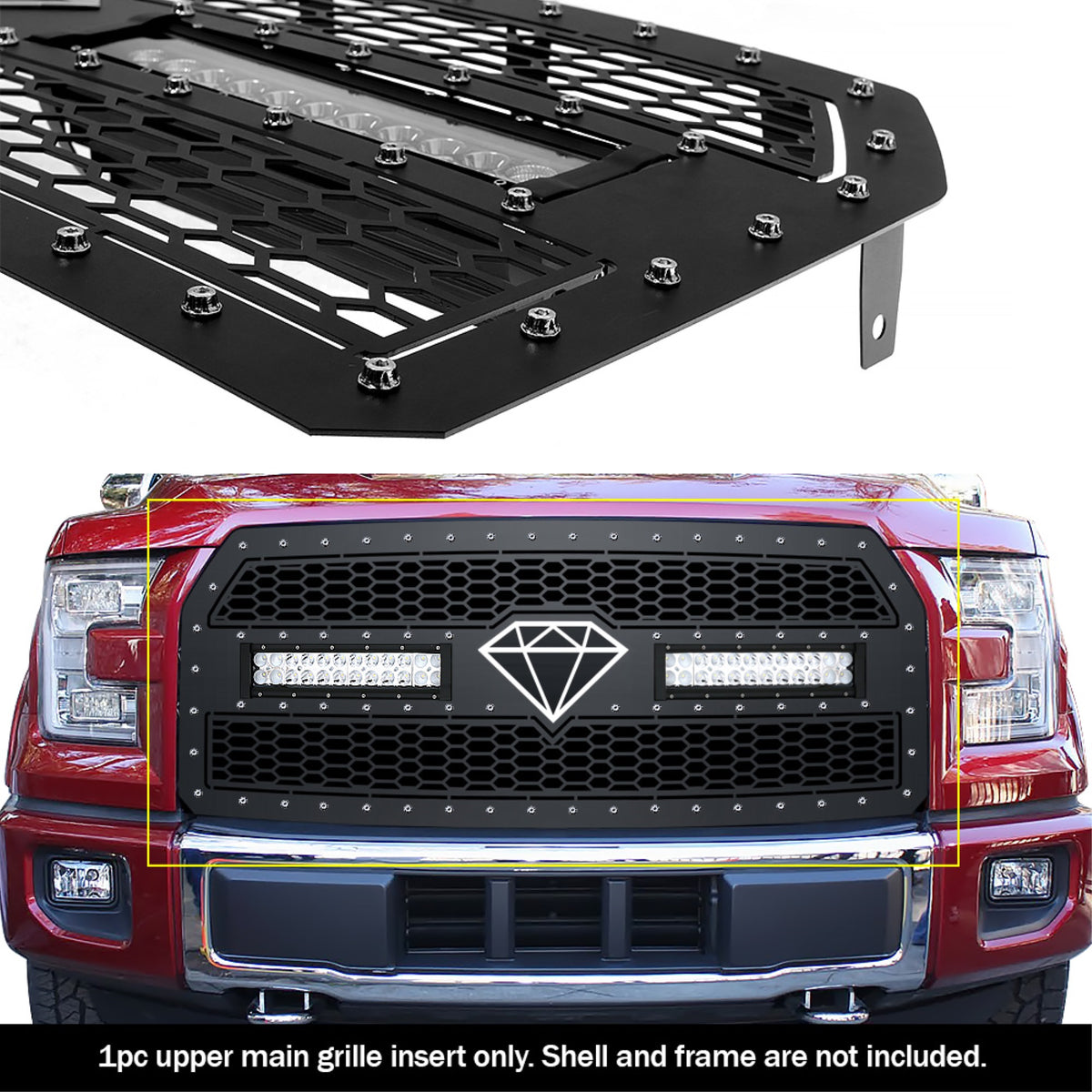 2015-2017 Ford F-150 Stainless Steel Black Powder Coated Finish Laser Cut Mesh With 2 X 12' Led Sheet Grille