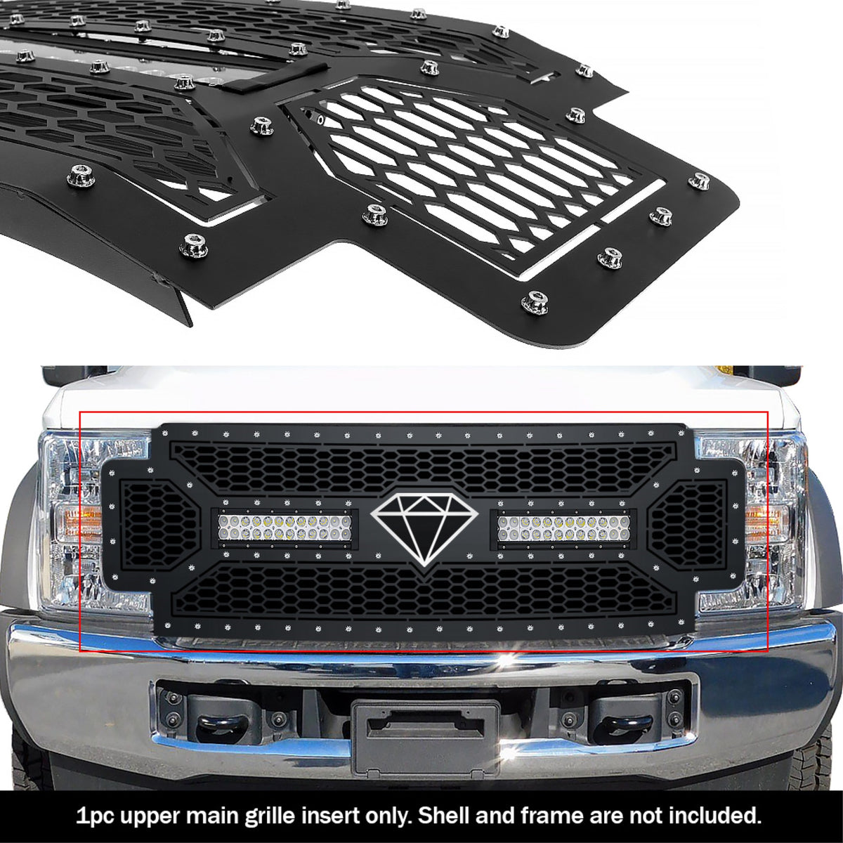 2017-2019 Ford F-250 Without Front Camera/2017-2019 Ford F-350 Without Front Camera/2017-2019 Ford F-450 Without Front Camera/2017-2019 Ford F-550 Without Front Camera Stainless Steel Black Powder Coated Finish Laser Cut Mesh With 2 X 12' Led Sheet Grille