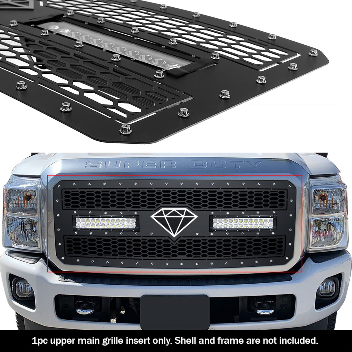 2011-2016 Ford F-250 Sd /2011-2016 Ford F-350 Sd /2011-2016 Ford F-450 Sd /2011-2016 Ford F-550 Sd Stainless Steel Black Powder Coated Finish Laser Cut Mesh With 2 X 12' Led Sheet Grille