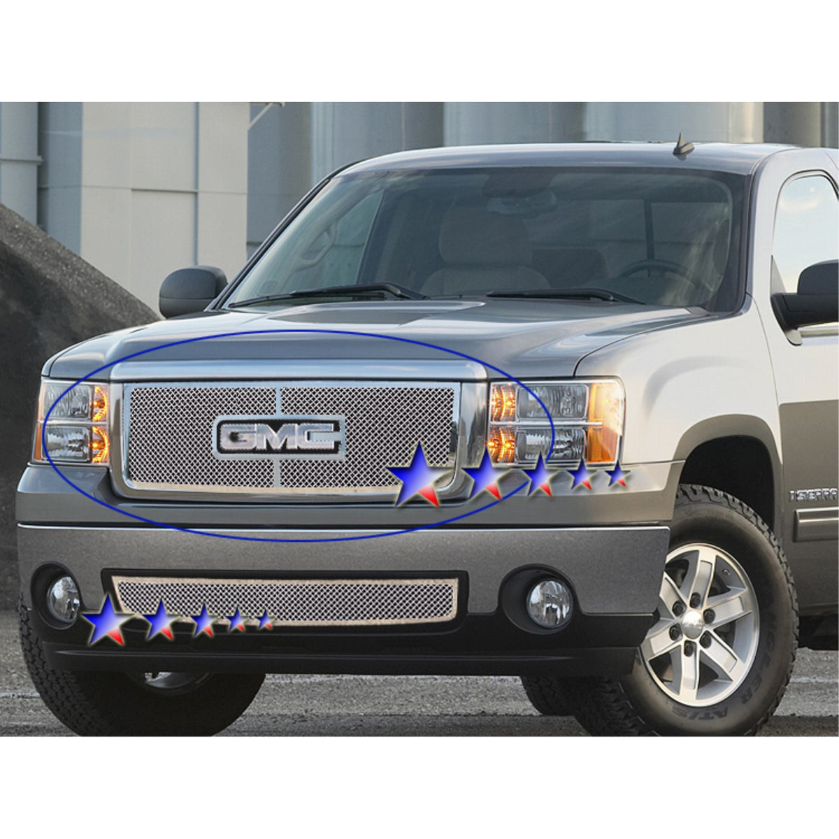 2007-2013 Gmc Sierra 1500 New Body Style With Logo Show/2007-2010 Gmc Sierra 1500 Denali New Body Style With Logo Show Stainless Steel Polished Finish 1.8 Mm Wire Mesh Mesh Grille