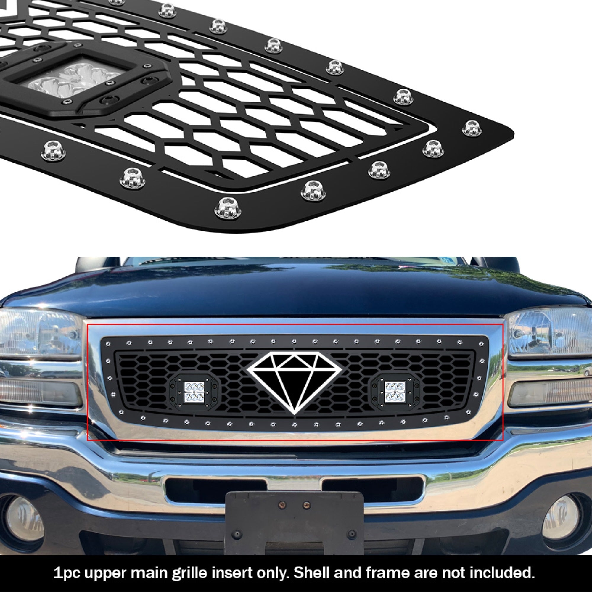 2003-2006 Gmc Sierra 1500 (Not For C3 Model) Logo Covered Stainless Steel Black Powder Coated Finish Laser Cut Mesh With 2 X 3' Led Sheet Grille