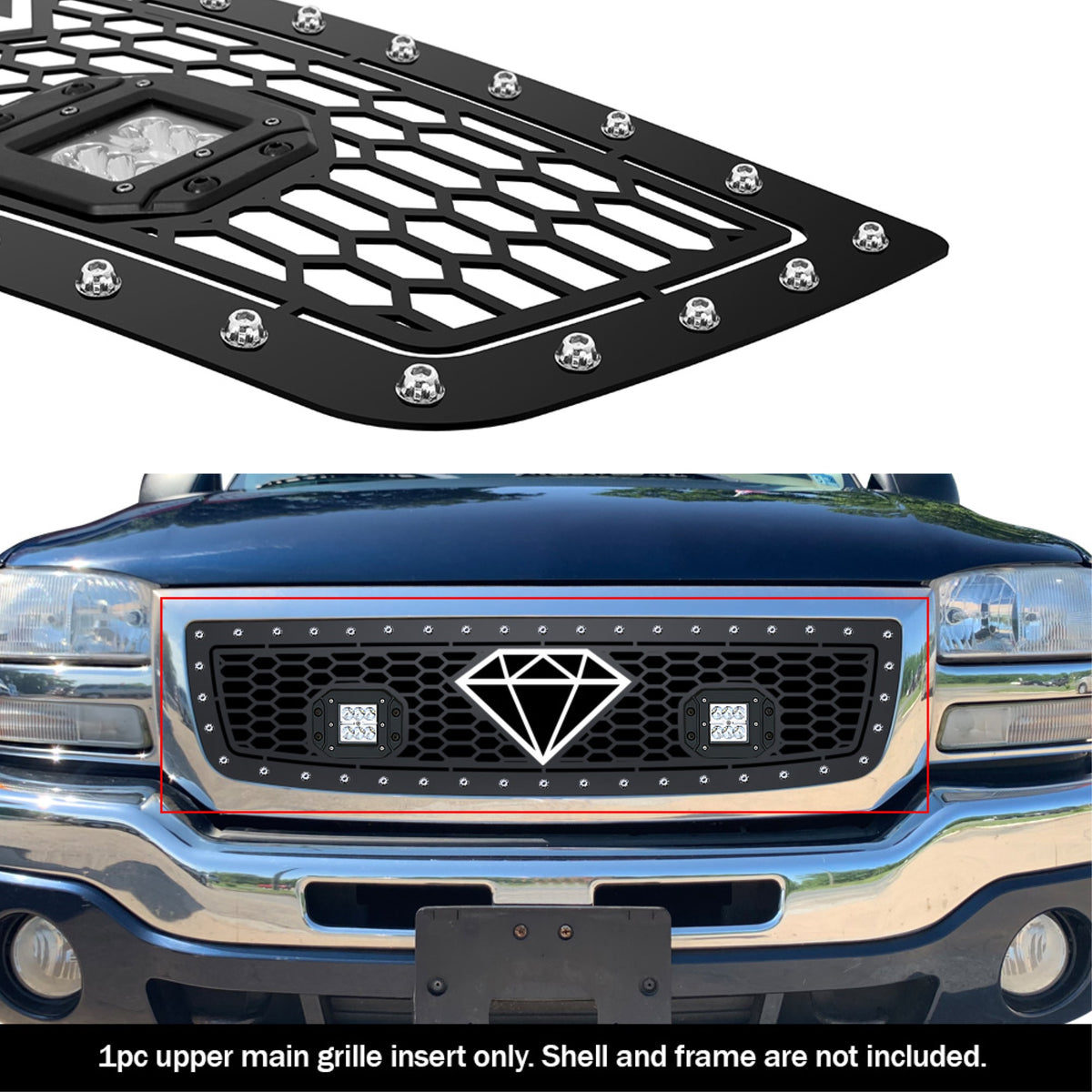 2003-2006 Gmc Sierra 1500 (Not For C3 Model) Logo Covered Stainless Steel Black Powder Coated Finish Laser Cut Mesh With 2 X 3' Led Sheet Grille