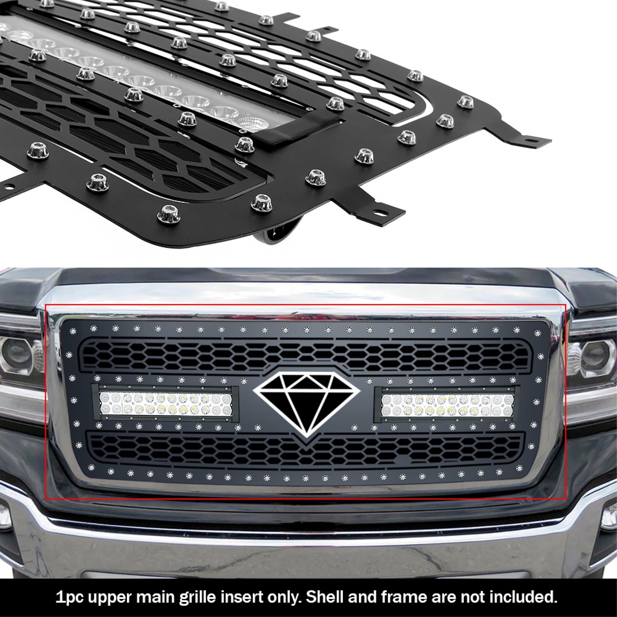 2014-2015 Gmc Sierra 1500 Stainless Steel Black Powder Coated Finish Laser Cut Mesh With 2 X 12' Led Sheet Grille