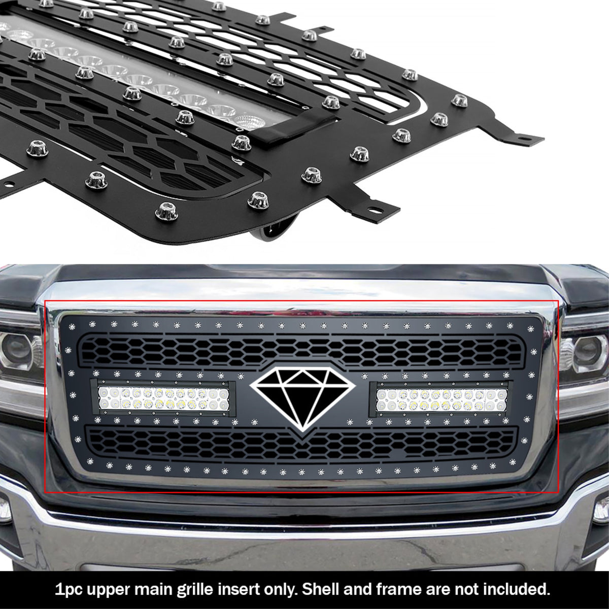 2014-2015 Gmc Sierra 1500 Stainless Steel Black Powder Coated Finish Laser Cut Mesh With 2 X 12' Led Sheet Grille
