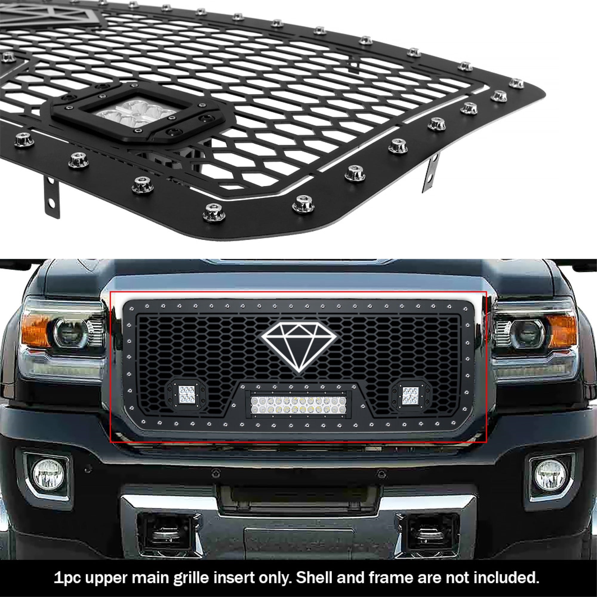 2015-2019 Gmc Sierra 2500 /2015-2019 Gmc Sierra 3500 Stainless Steel Black Powder Coated Finish Laser Cut Mesh With 12' + 2 X 3' Led Sheet Grille