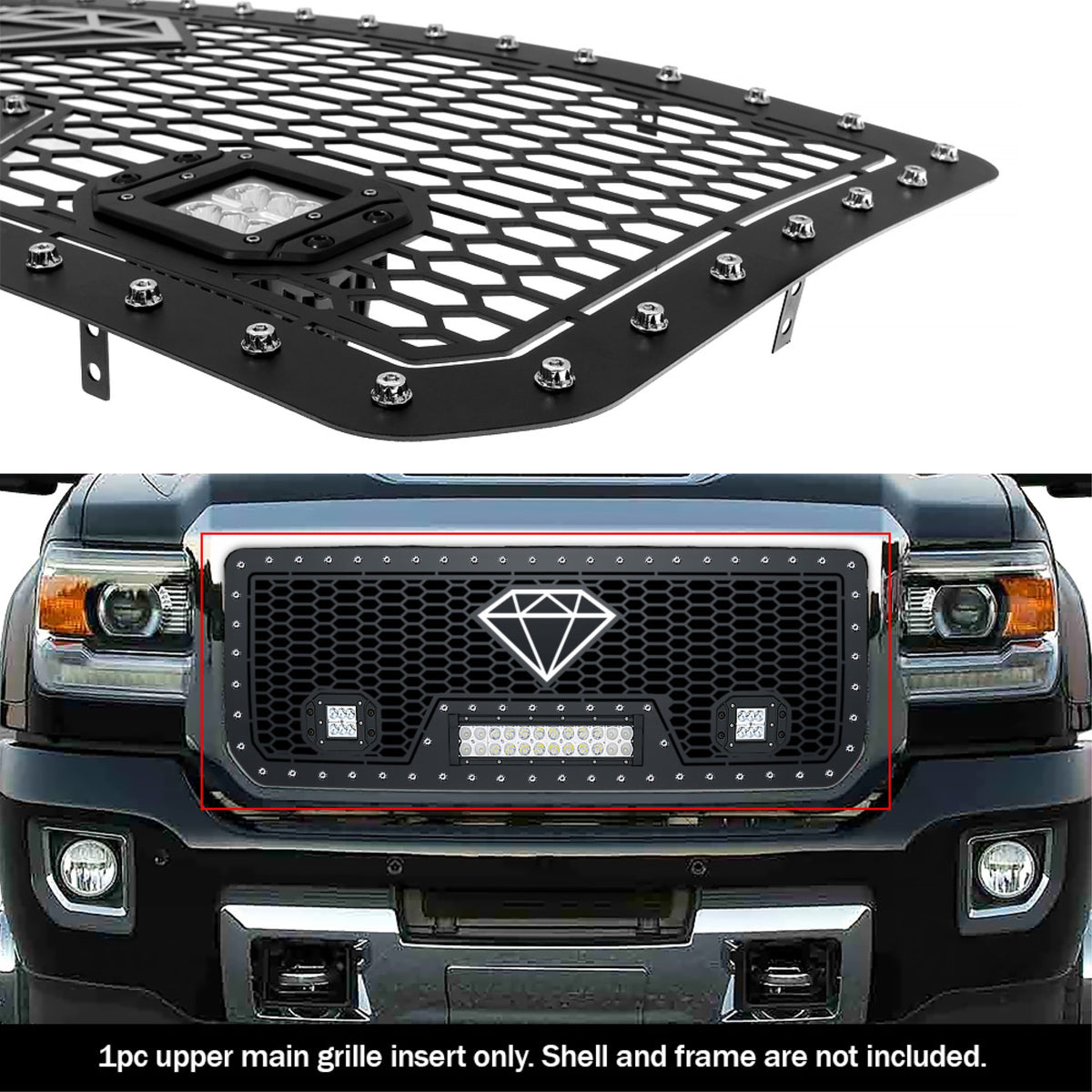 2015-2019 Gmc Sierra 2500 /2015-2019 Gmc Sierra 3500 Stainless Steel Black Powder Coated Finish Laser Cut Mesh With 12' + 2 X 3' Led Sheet Grille
