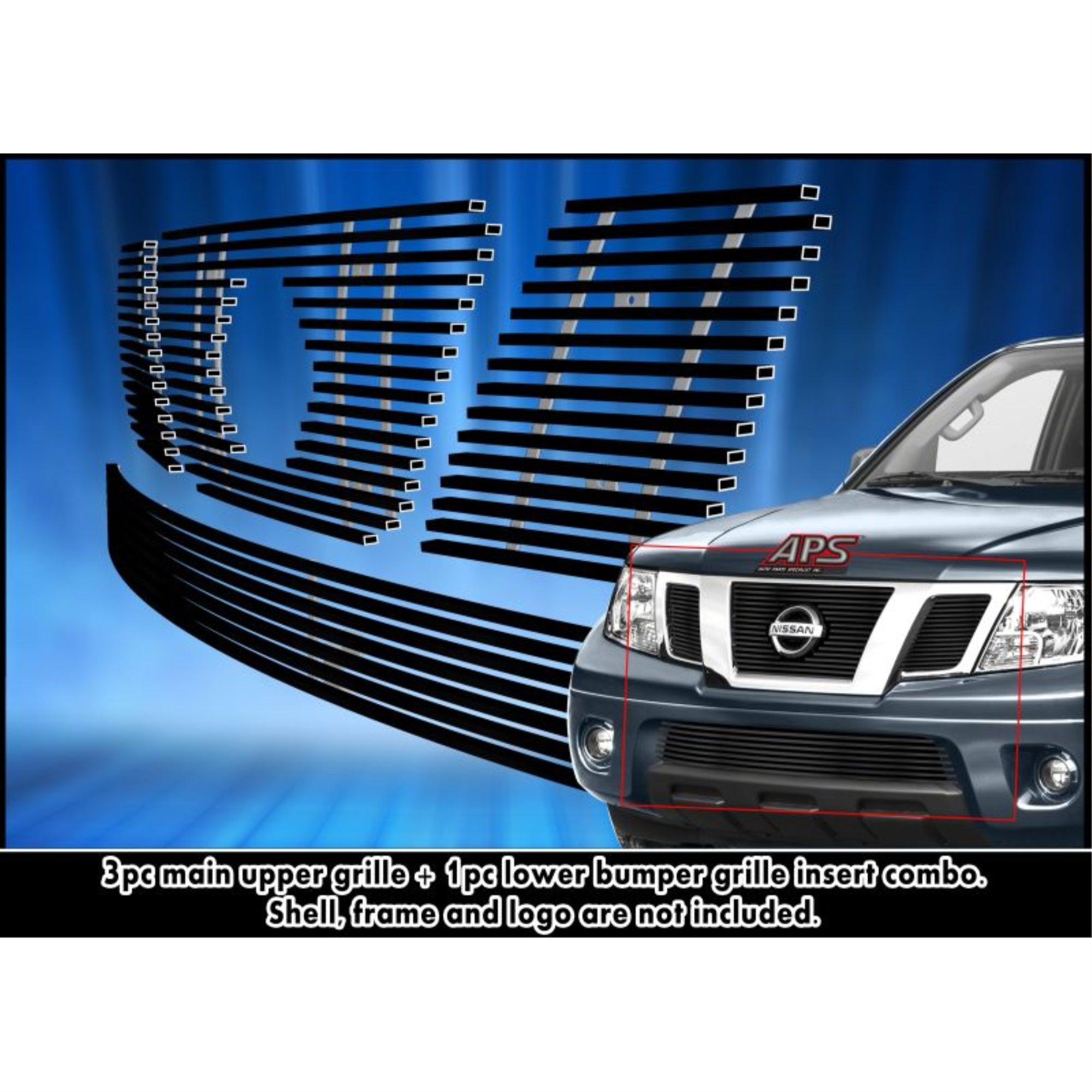 2005-2007 Nissan Pathfinder With Logo Show/2005-2008 Nissan Frontier With Logo Show Stainless Steel Black Powder Coated Finish 8X6 Horizontal Billet Black Stainless Steel Billet Grille