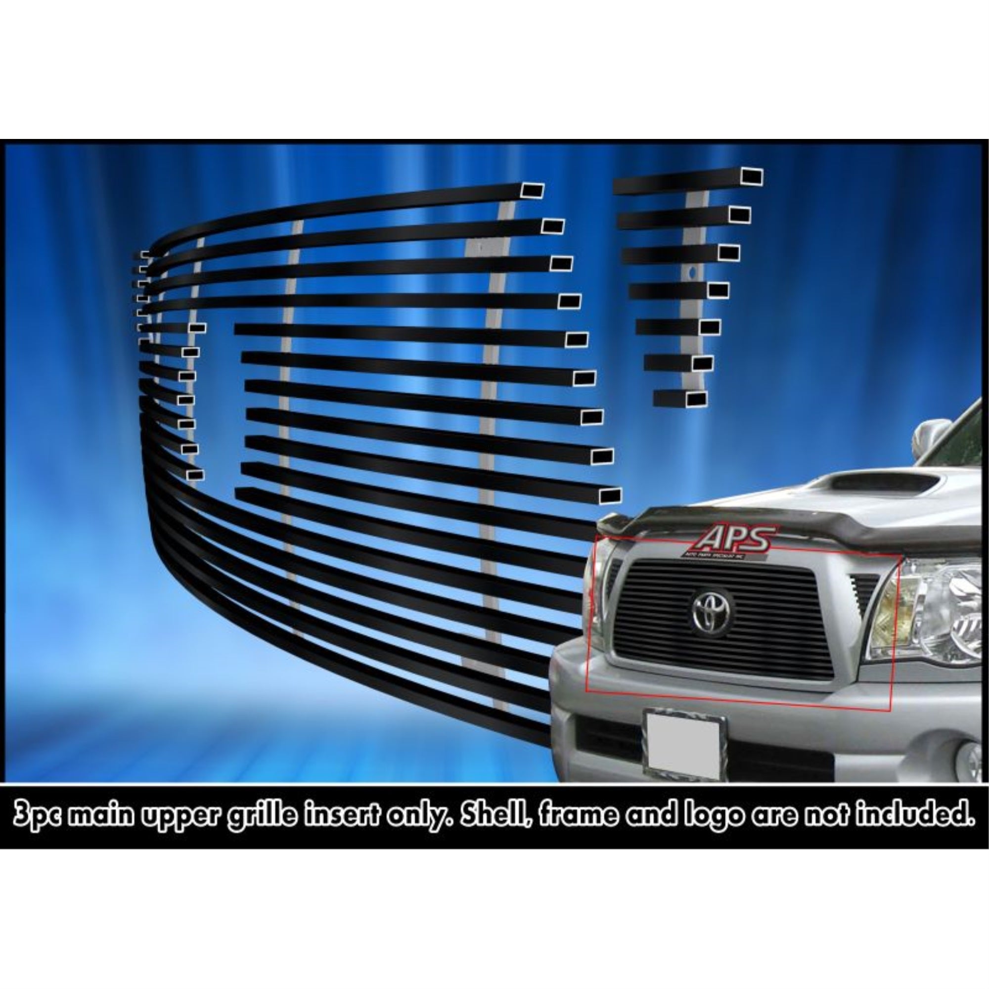 2005-2010 Toyota Tacoma 1 Pc Center & 2 Pcs For Side Holes Stainless Steel Black Powder Coated Finish 8X6 Horizontal Billet Black Stainless Steel Billet Grille