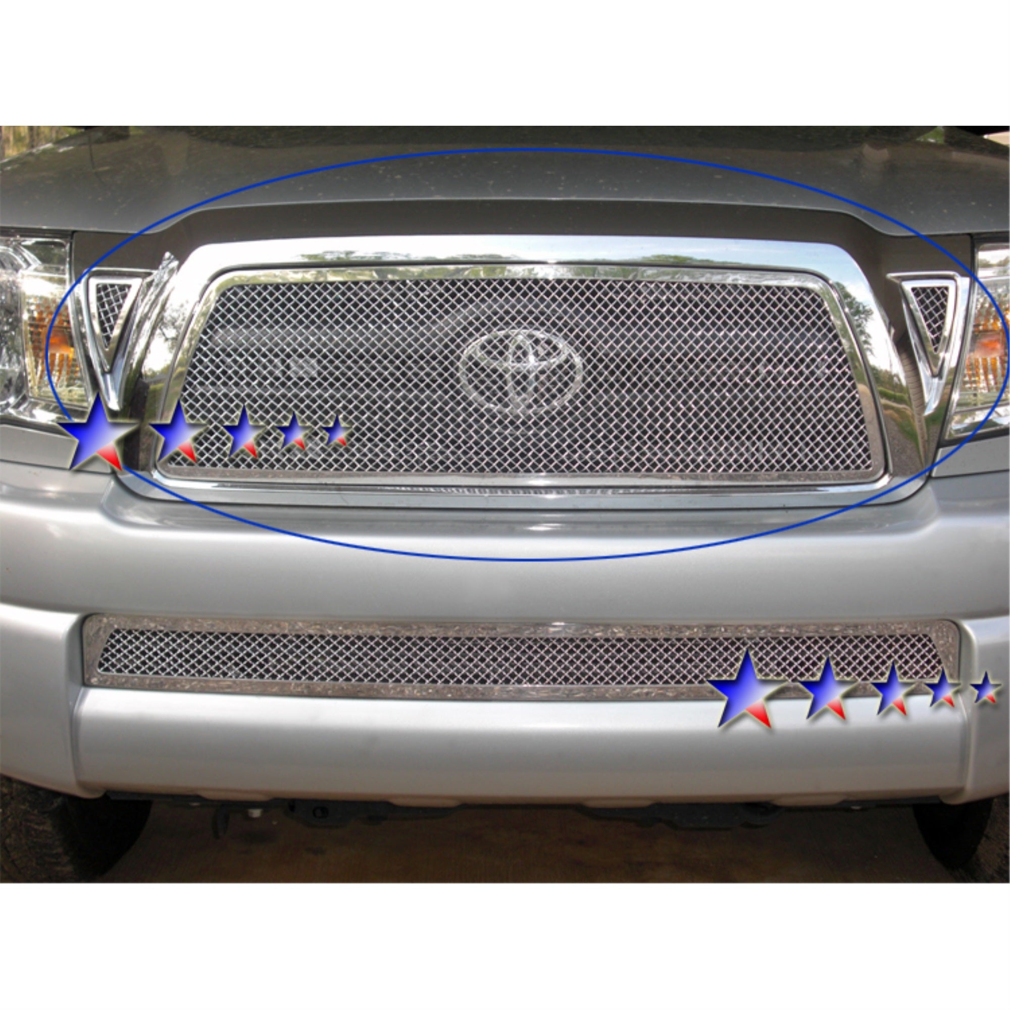 Stainless Steel Main Upper Mesh Grille 2005-2010 Toyota Tacoma 1 PC Center & 2 PCS For Side Holes