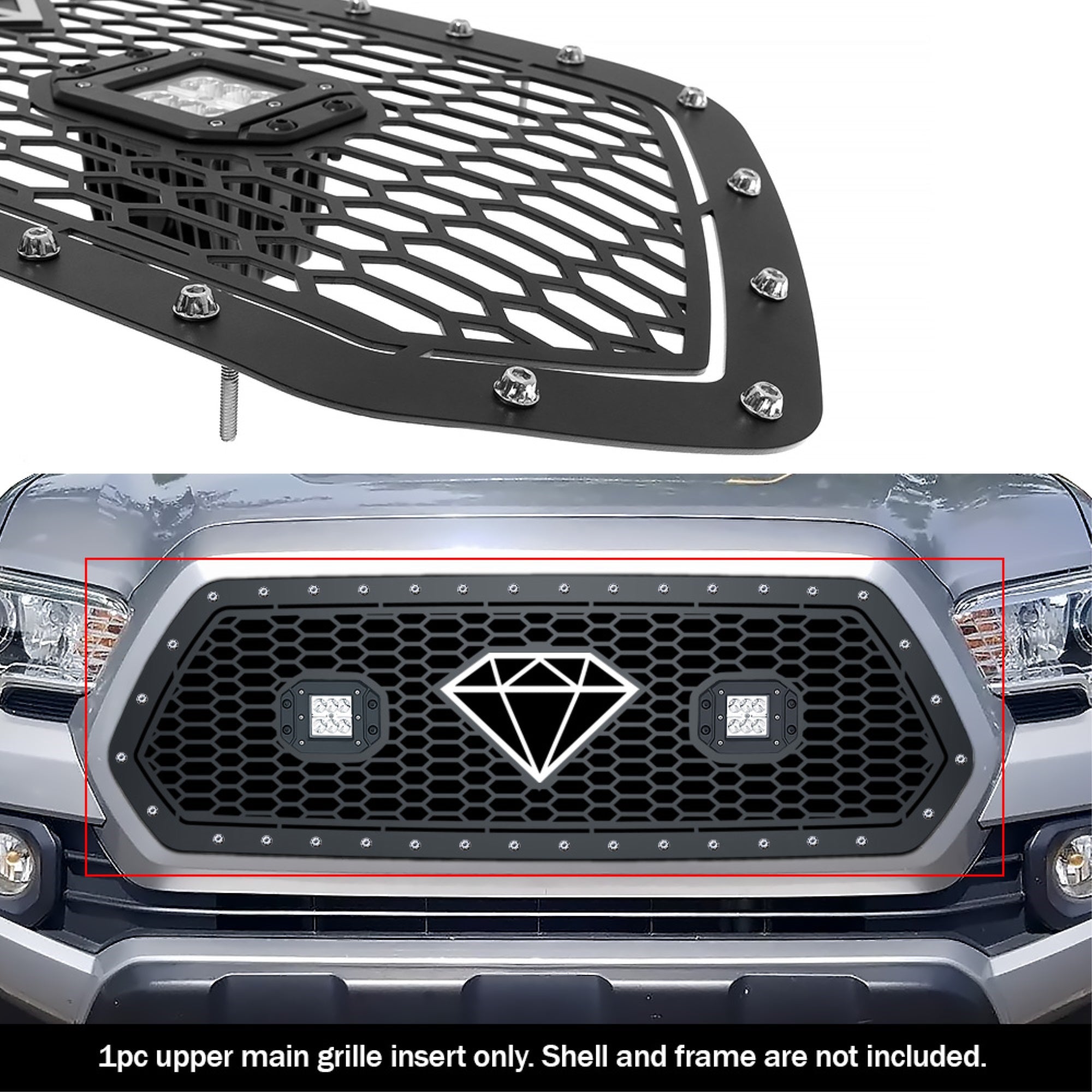 2016-2017 Toyota Tacoma Not Fit With Front Sensor Stainless Steel Black Powder Coated Finish Laser Cut Mesh With 2 X 3' Led Sheet Grille