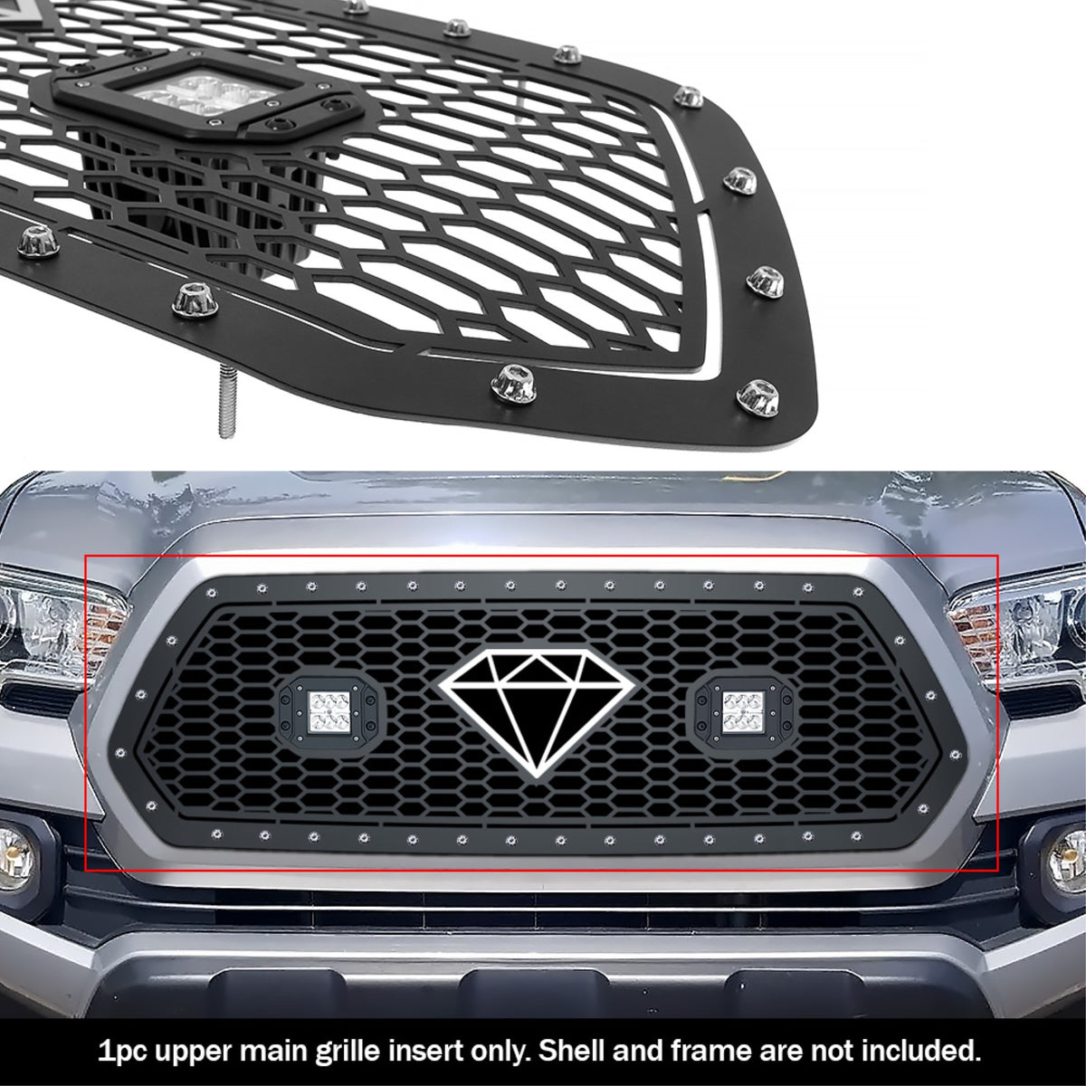2016-2017 Toyota Tacoma Not Fit With Front Sensor Stainless Steel Black Powder Coated Finish Laser Cut Mesh With 2 X 3' Led Sheet Grille