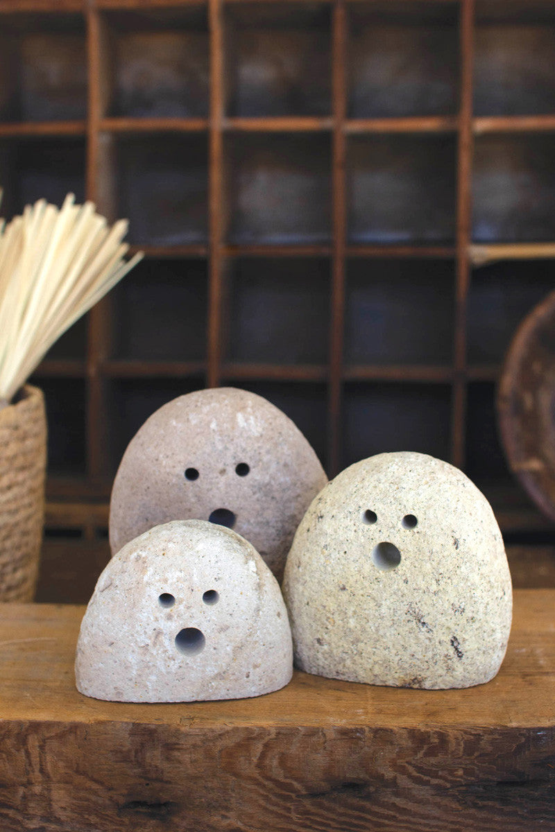 Set Of Three Tabletop River Rock Ghosts