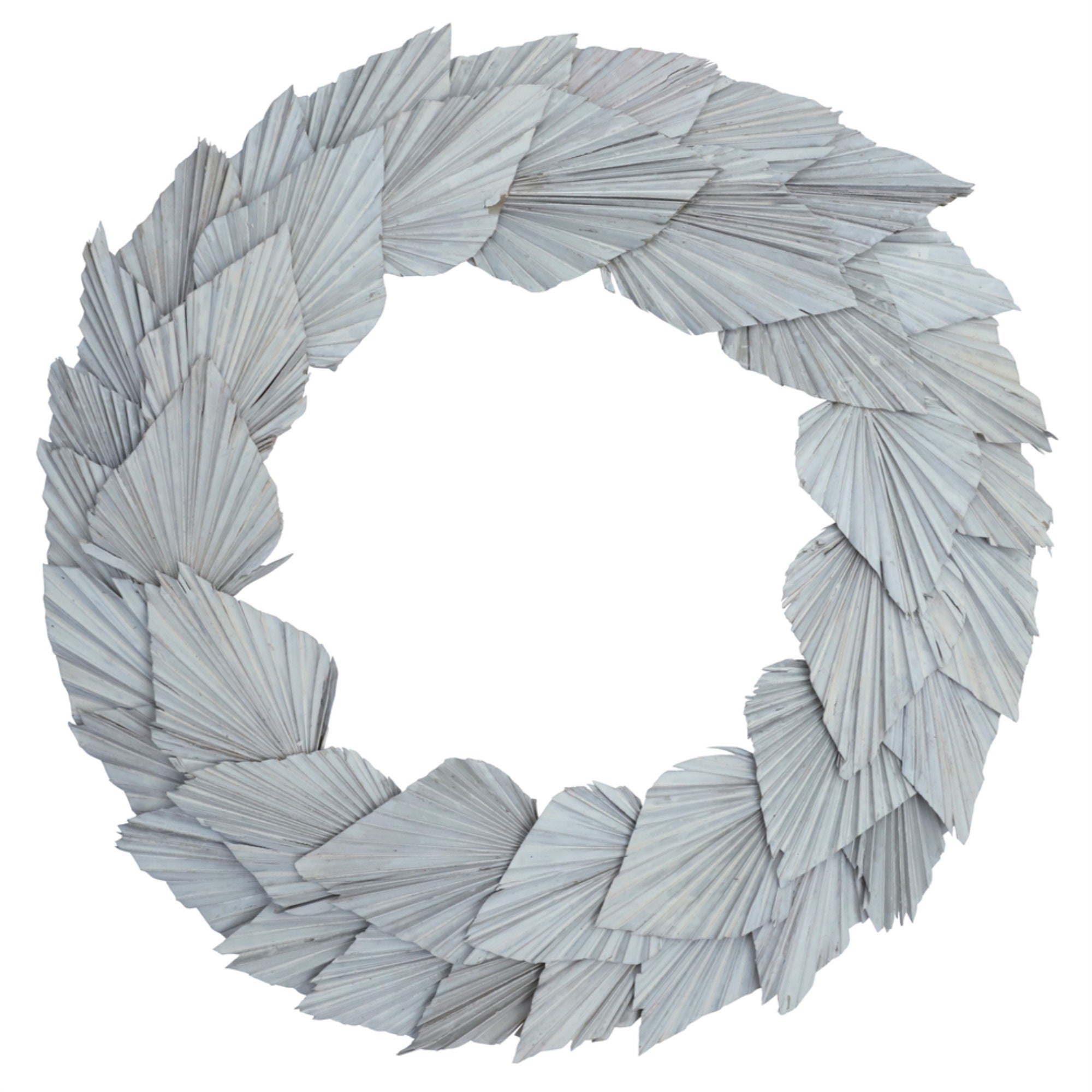 Vickerman Natural Botanicals 24″ White Washed Palm Spear Wreath. This wreath measures 24 inches in diameter. It features white washed palm spear leaves on a coco fiber base. This is a dried and preserved natural product.
