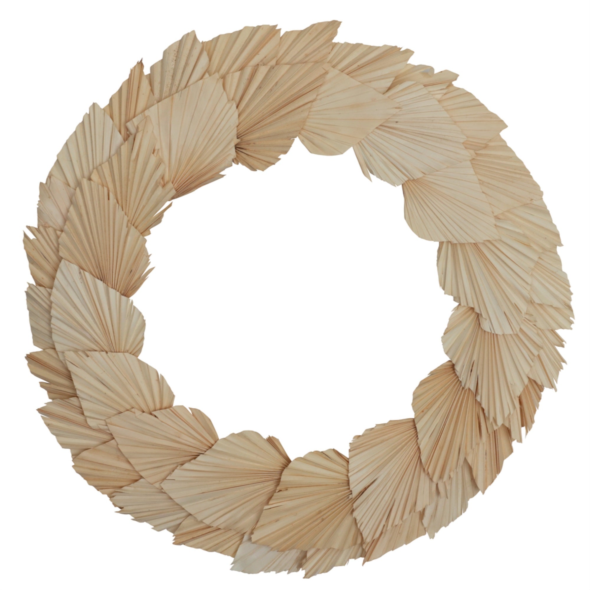 Vickerman Natural Botanicals 24″ Bleached Palm Spear Wreath. This wreath measures 24 inches in diameter. It features bleached palm spear leaves on a coco fiber base. This is a dried and preserved natural product.
