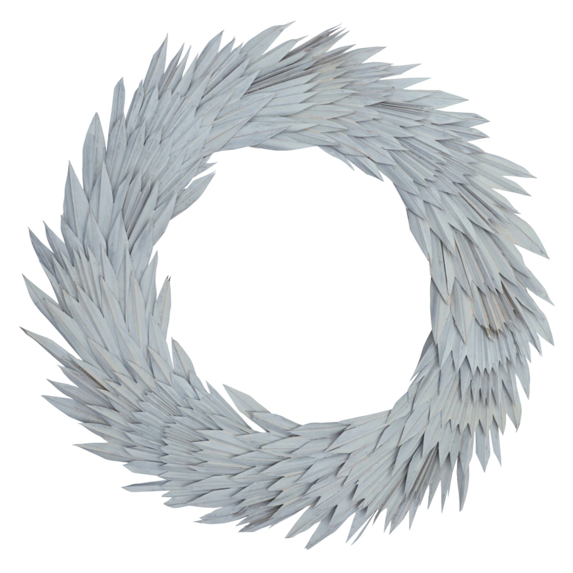 Vickerman Natural Botanicals 24” White Washed Palm Sun Wreath. This wreath measures 24 inches in diameter. It features white washed palm sun leaves on a coco fiber base. This is a dried and preserved natural product.