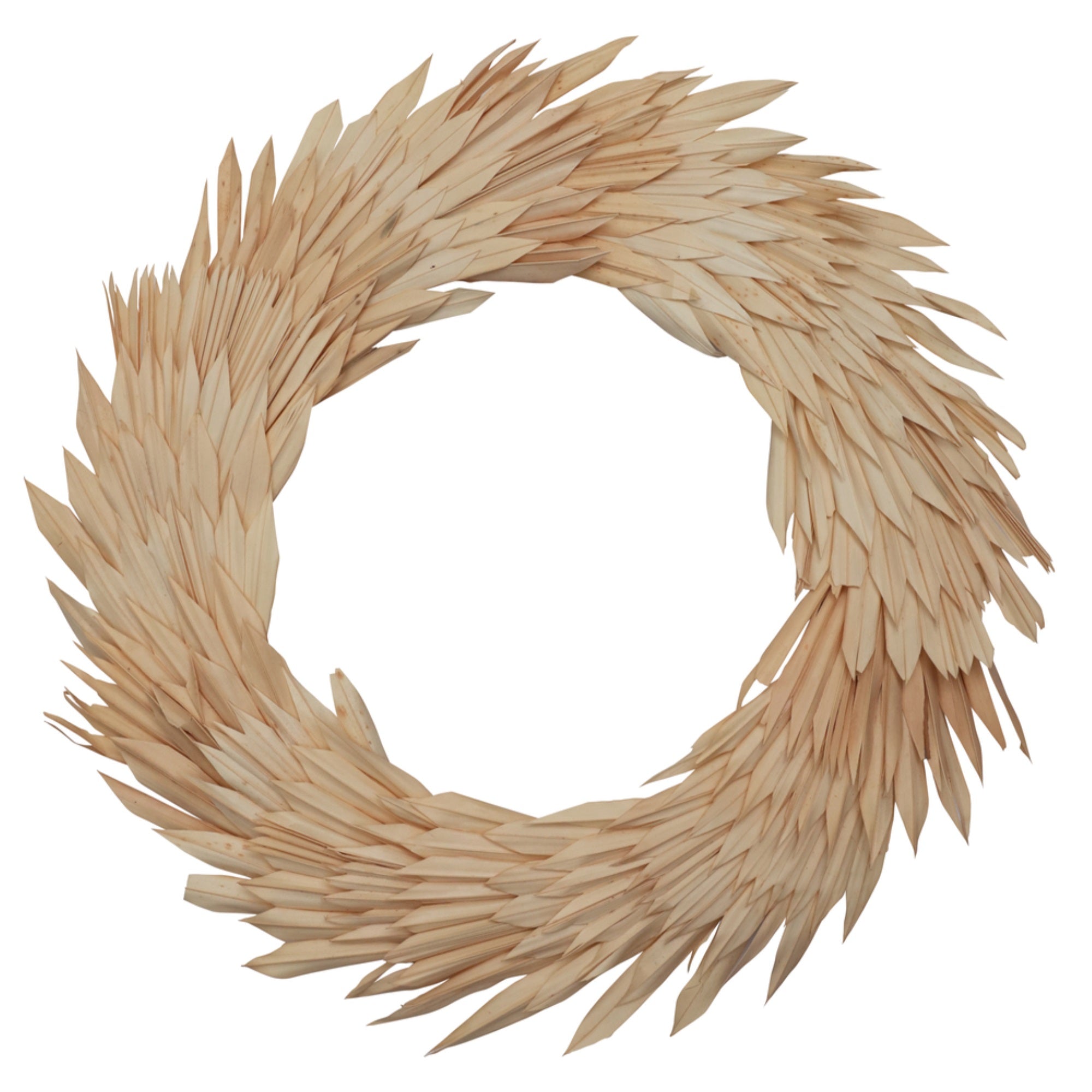 Vickerman Natural Botanicals 24” Bleached Palm Sun Wreath. This wreath measures 24 inches in diameter. It features bleached palm sun leaves on a coco fiber base. This is a dried and preserved natural product.