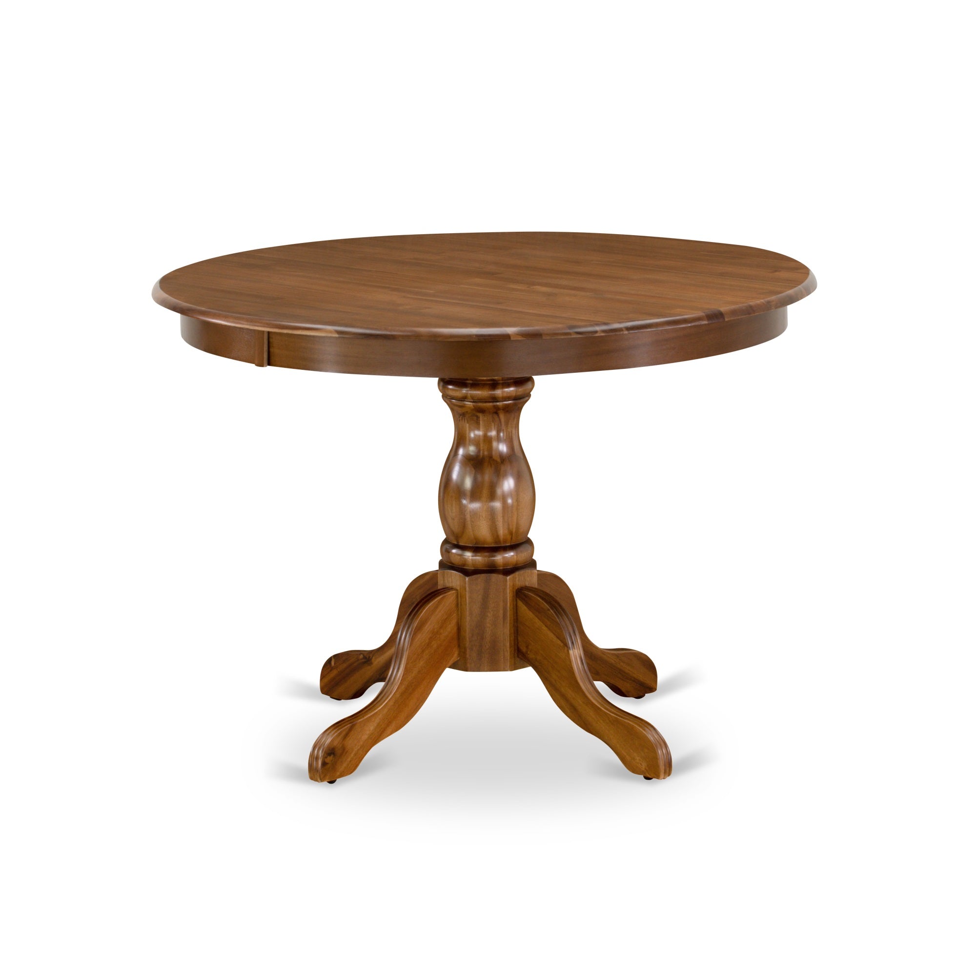 East West Furniture Hbab3-Awa-05 3 Piece Dining Room Table Set - Acacia Walnut Round Dining Table And 2 Grey Linen Fabric Upholstered Dining Chairs With Slatted Back - Acacia Walnut Finish