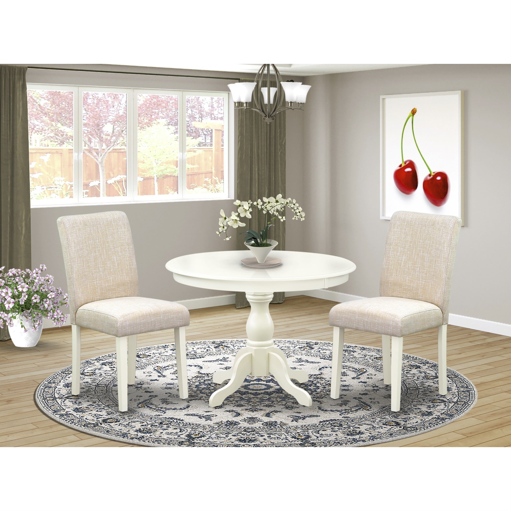 East West Furniture Hbab3-Lwh-02 3 Piece Dining Table Set - Linen White Round Dining Table And 2 Light Beige Linen Fabric Comfortable Chairs With High Back - Linen White Finish