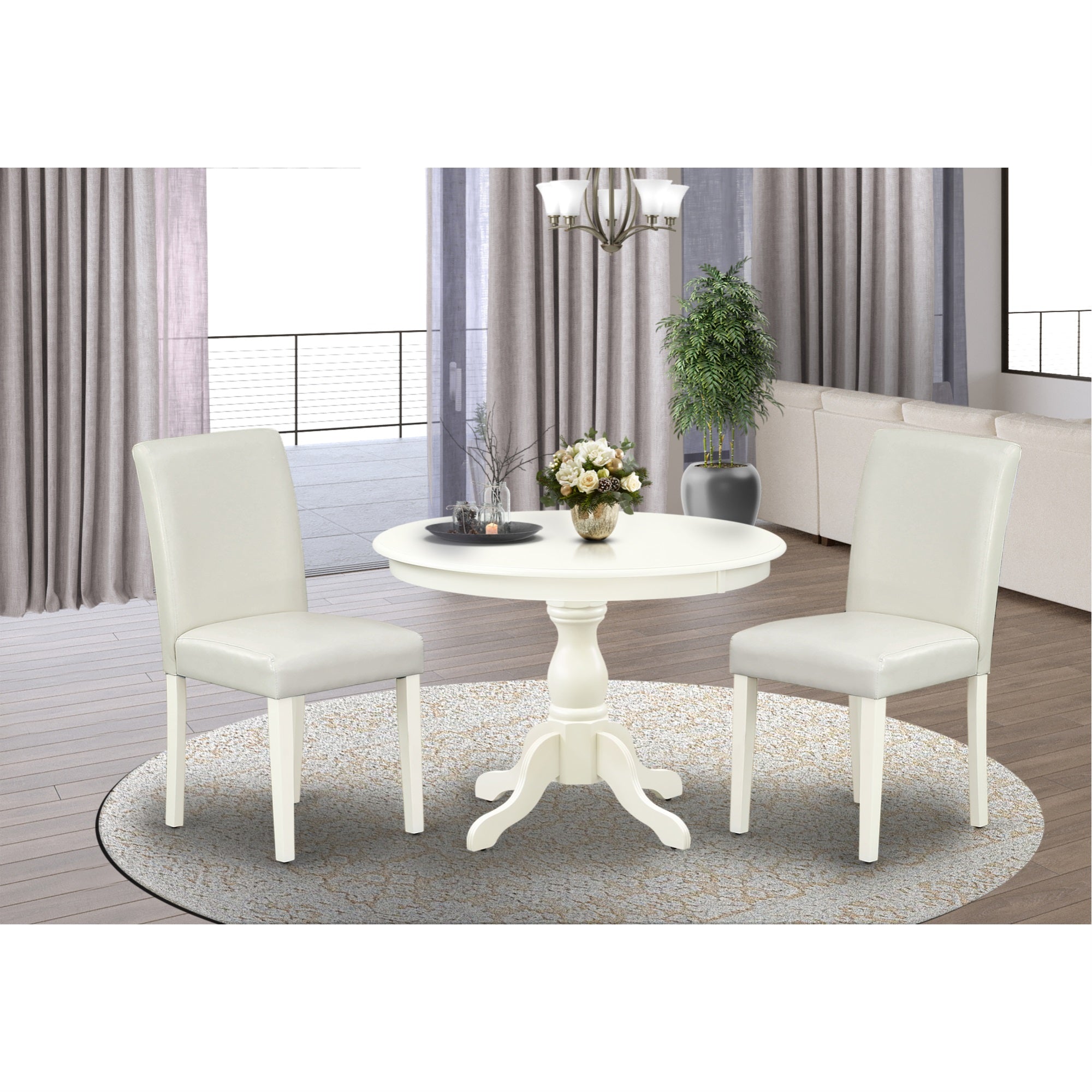 East West Furniture Hbab3-Lwh-64 3 Piece Dining Room Set - Linen White Dinning Table And 2 White Faux Leather Comfortable Chairs With High Back - Linen White Finish