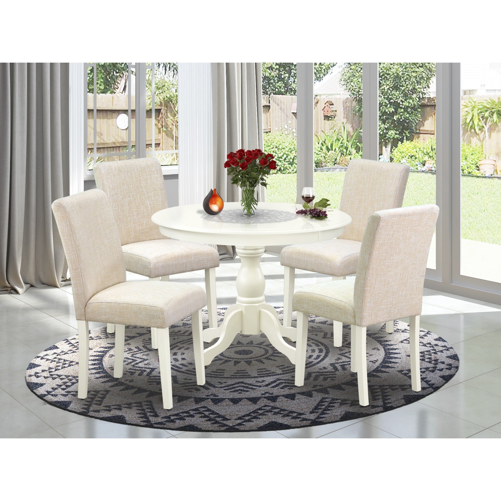 East West Furniture Hbab5-Lwh-02 5 Piece Kitchen Table Set - Linen White Dining Room Table And 4 Light Beige Linen Fabric Kitchen Chairs With High Back - Linen White Finish