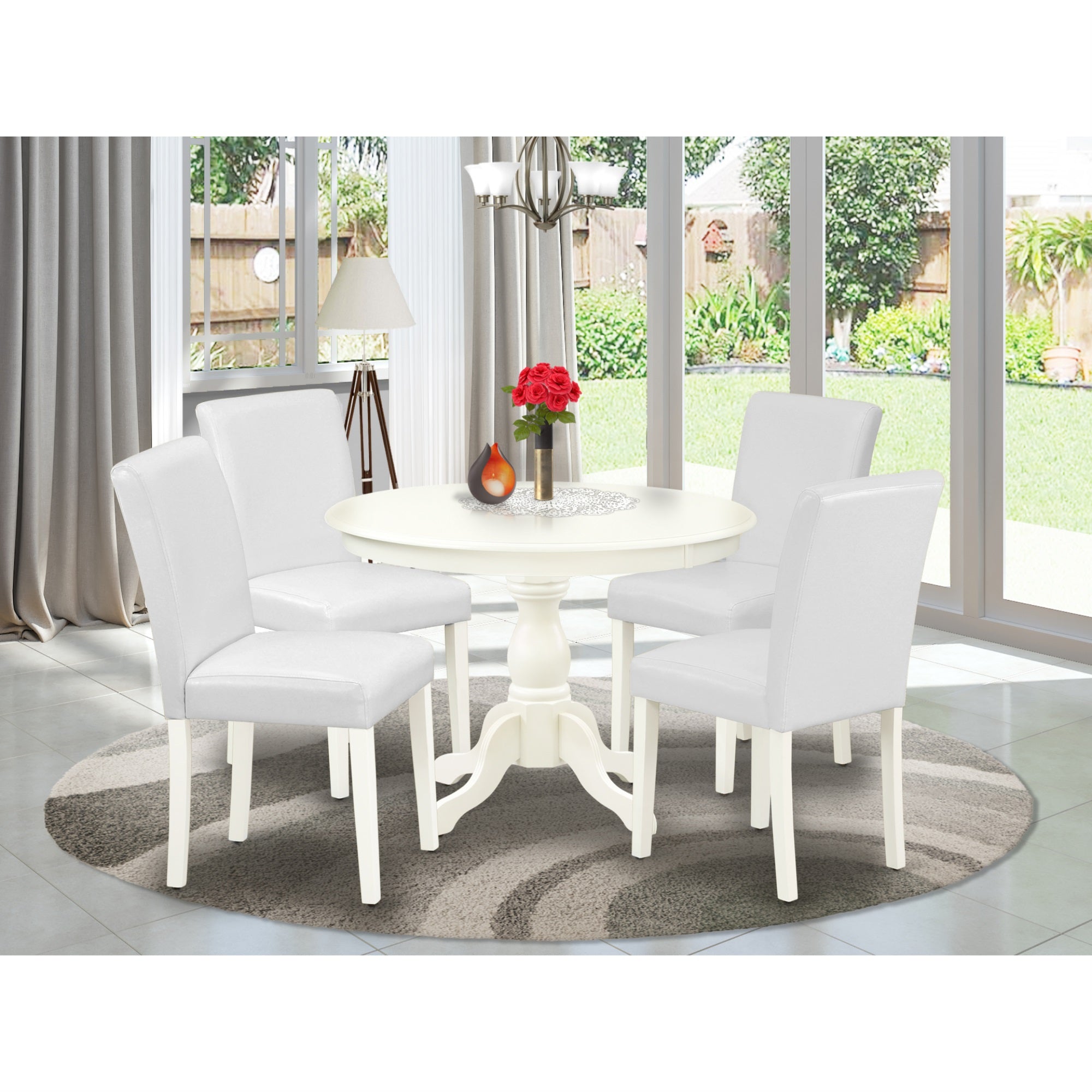 East West Furniture Hbab5-Lwh-64 5 Piece Dining Table Set - Linen White Small Dining Table And 4 White Faux Leather Mid Century Modern Dining Chairs With High Back - Linen White Finish