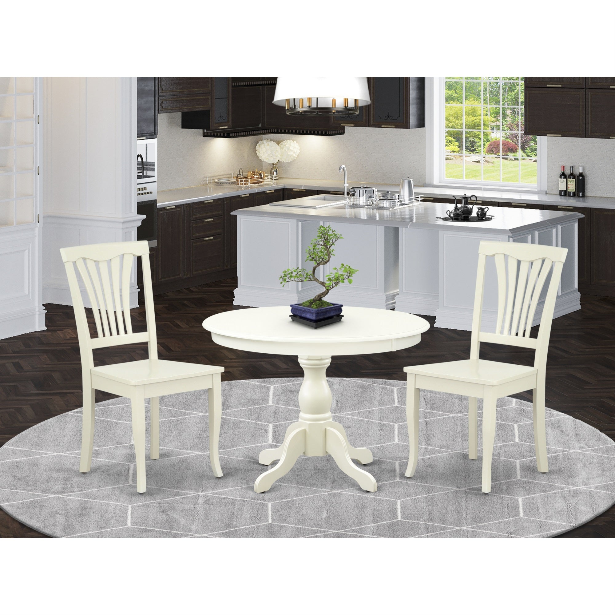 East West Furniture Hbav3-Lwh-W 3 Piece Kitchen Set - Linen White Dinning Table And 2 Linen White Wooden Dining Chairs With Slatted Back - Linen White Finish